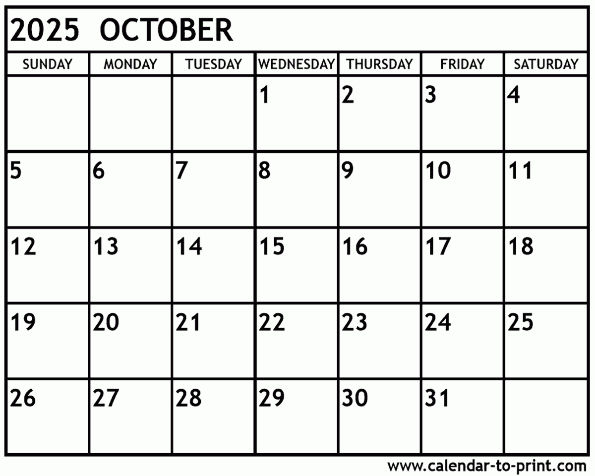 October 2025 Calendar Printable inside October Printable Calendar 2025
