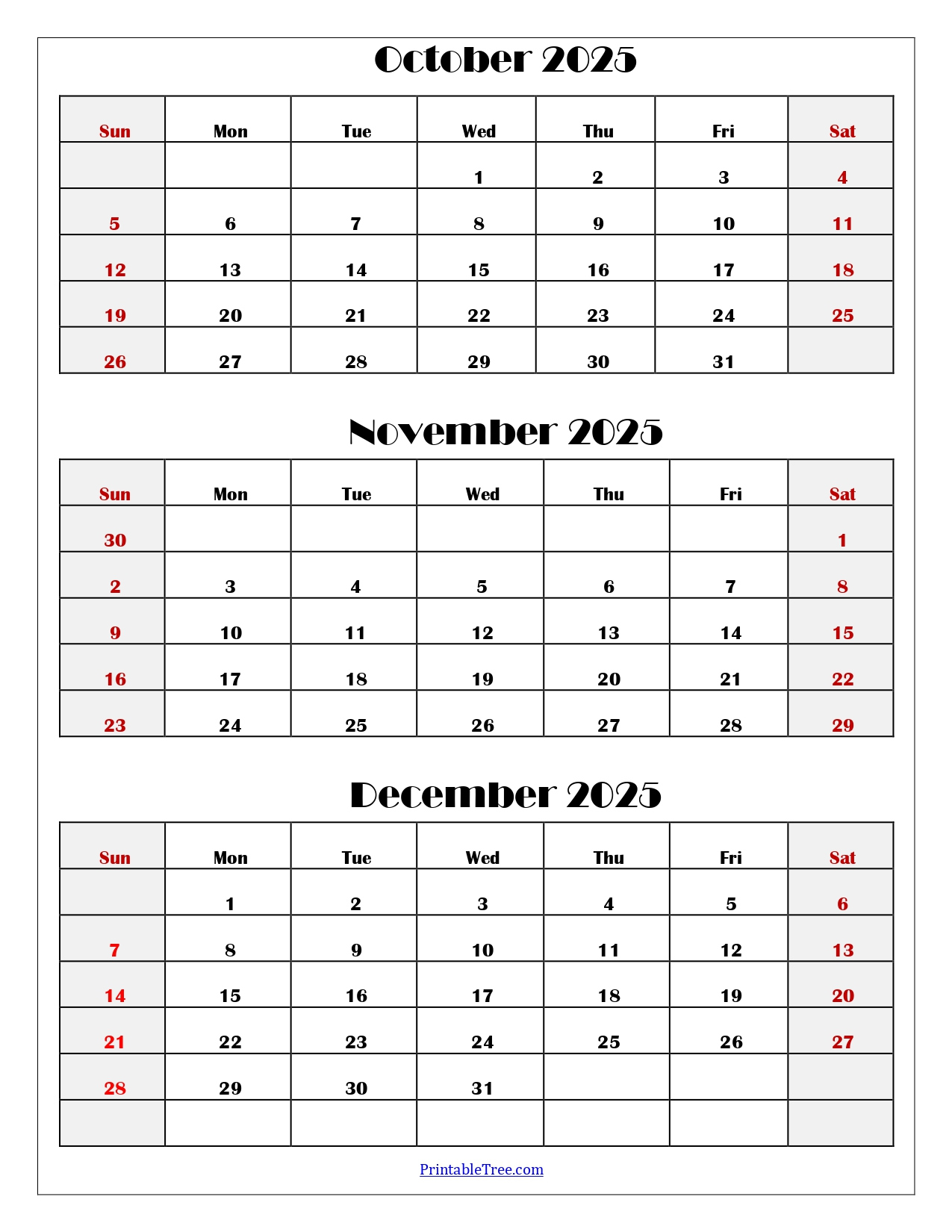 October To December 2025 Calendar Printable Pdf | Three Months in October November December 2025 Calendar Printable