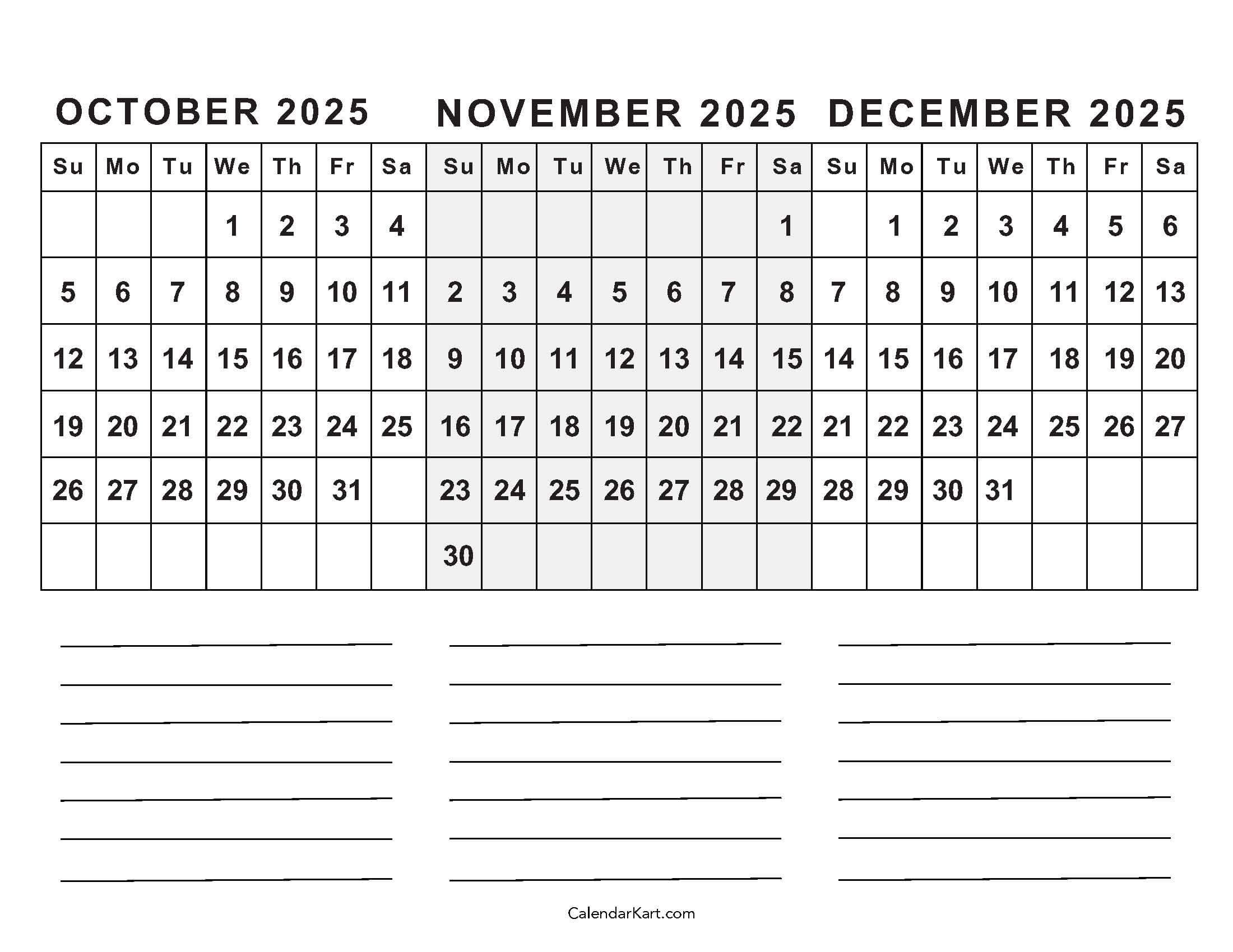 October To December 2025 Calendar (Q4) - Calendarkart pertaining to October November December 2025 Calendar Printable