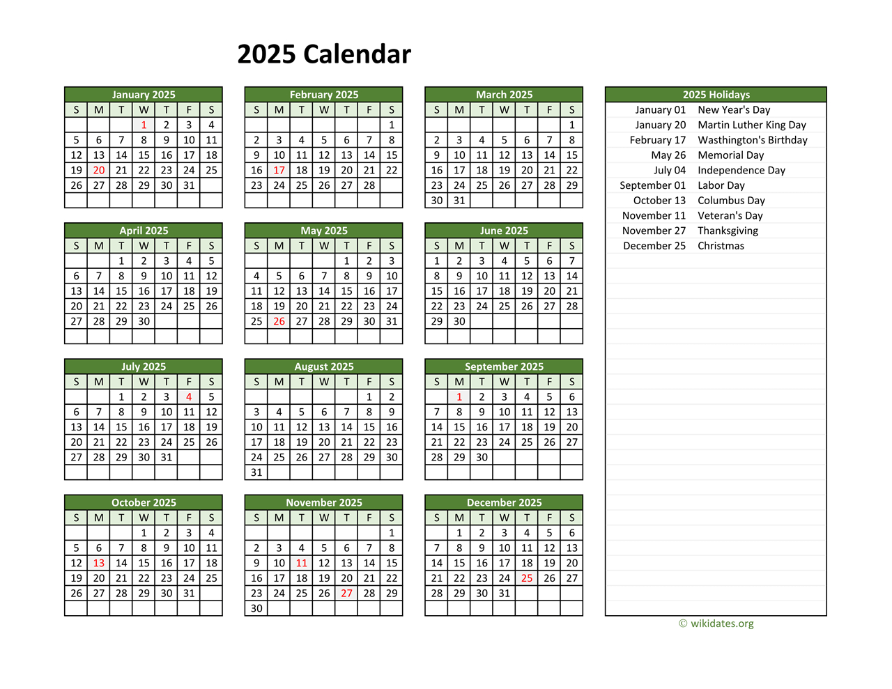 Printable 2025 Calendar With Federal Holidays | Wikidates pertaining to Free Printable Calendar 2025 With Federal Holidays