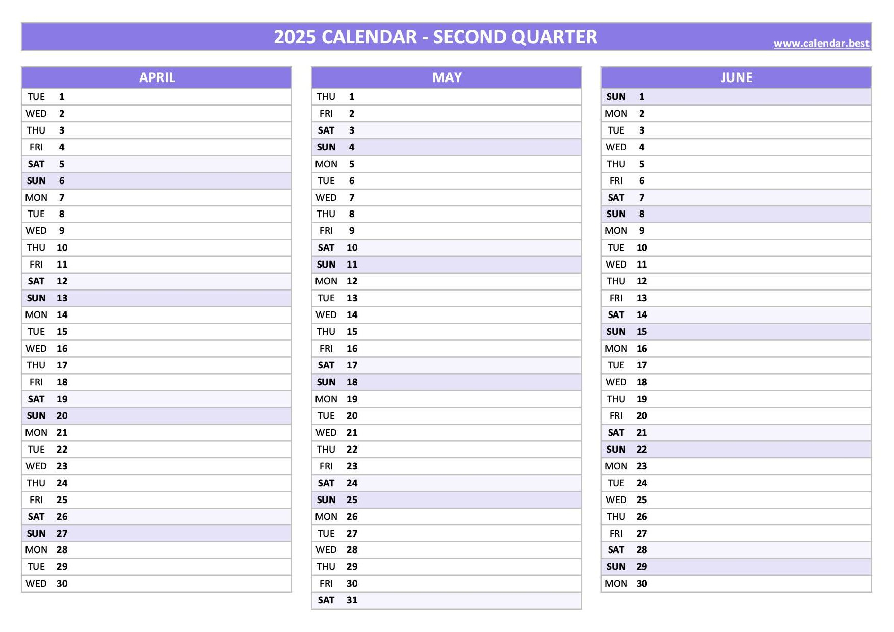 Printable 2Nd Quarter 2025 Calendar inside 2nd Quarter 2025 Calendar Printable