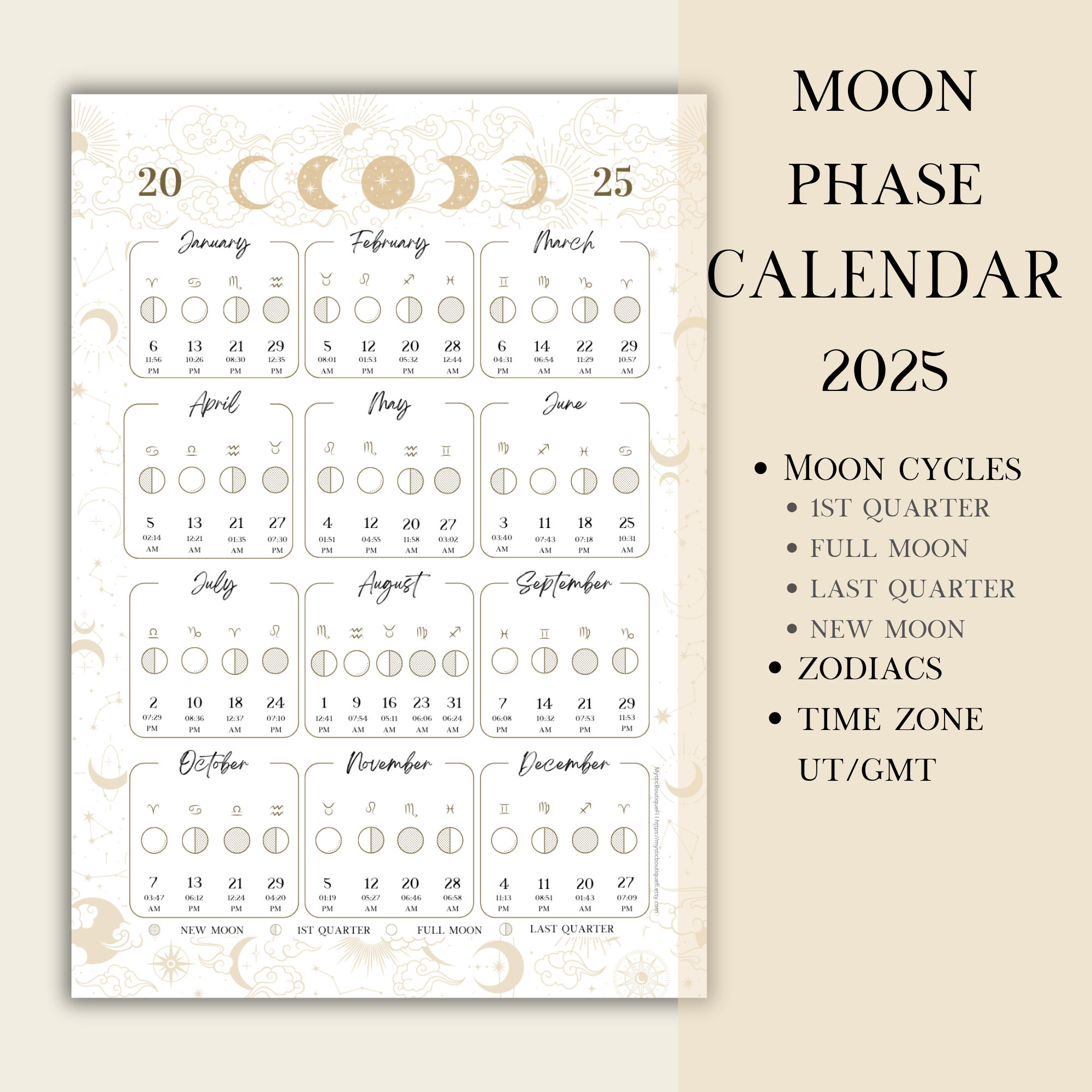 Printable Pdf Lunar Calendar, Moon Phase Calendar 2025 - Etsy Canada for Printable 2025 Lunar Calendar