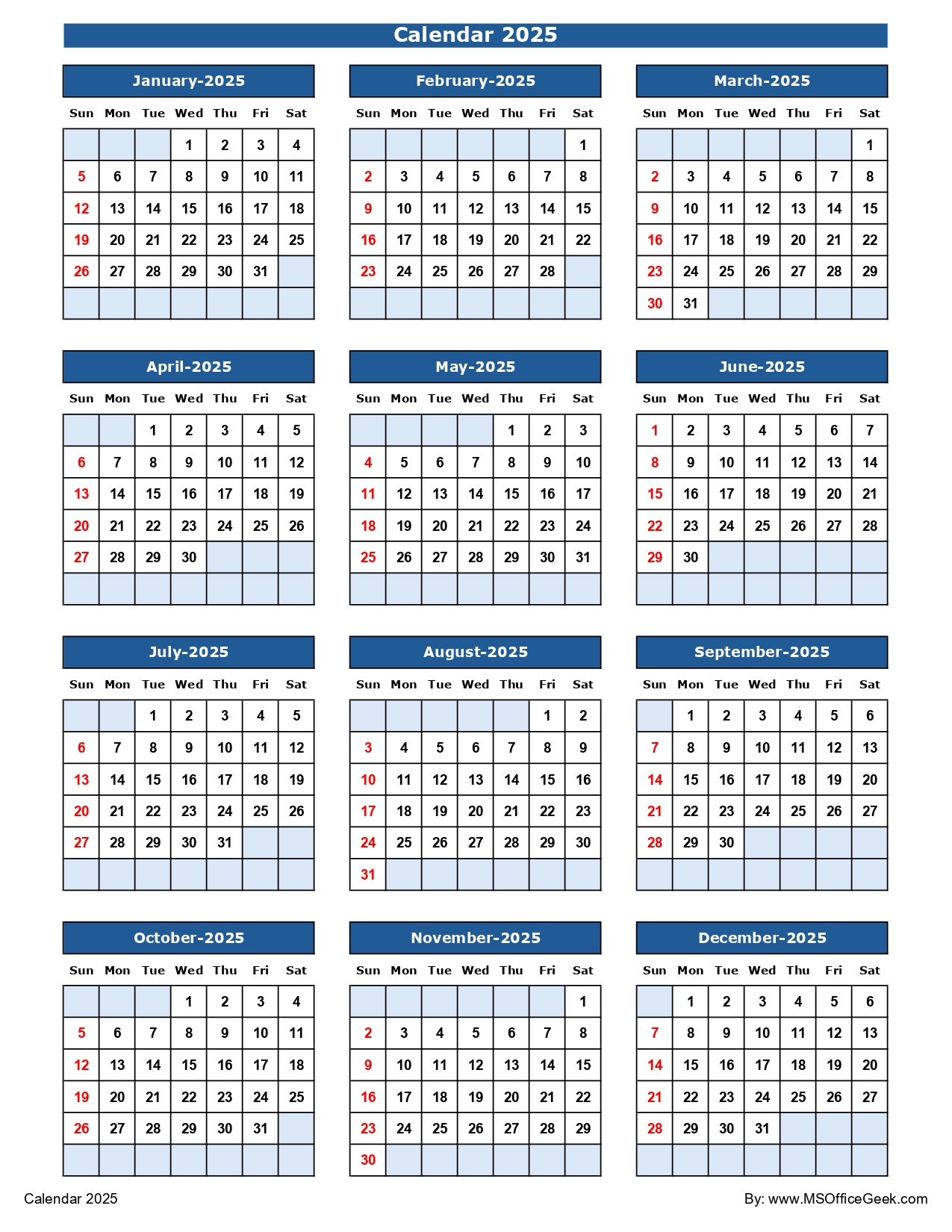 Ready-To-Use Printable Calendar 2025 - Msofficegeek with Printable Calendar 2025 Microsoft