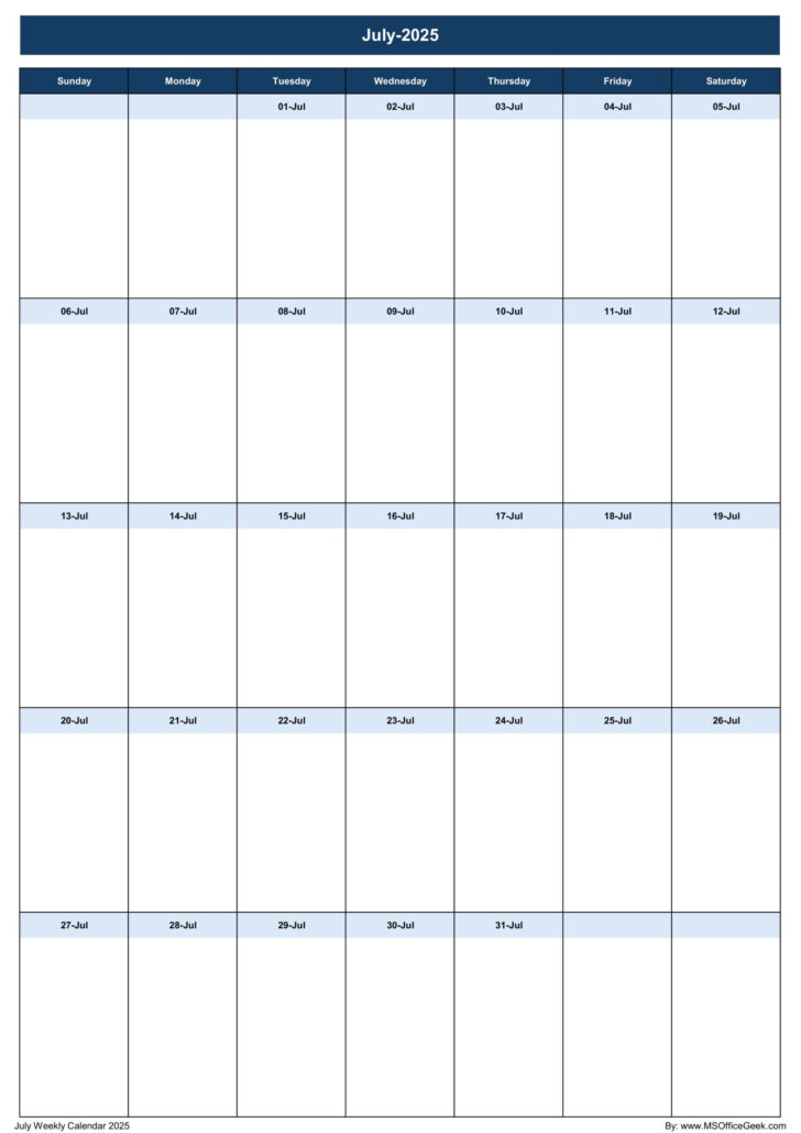July Weekly Calendar Printable 2025