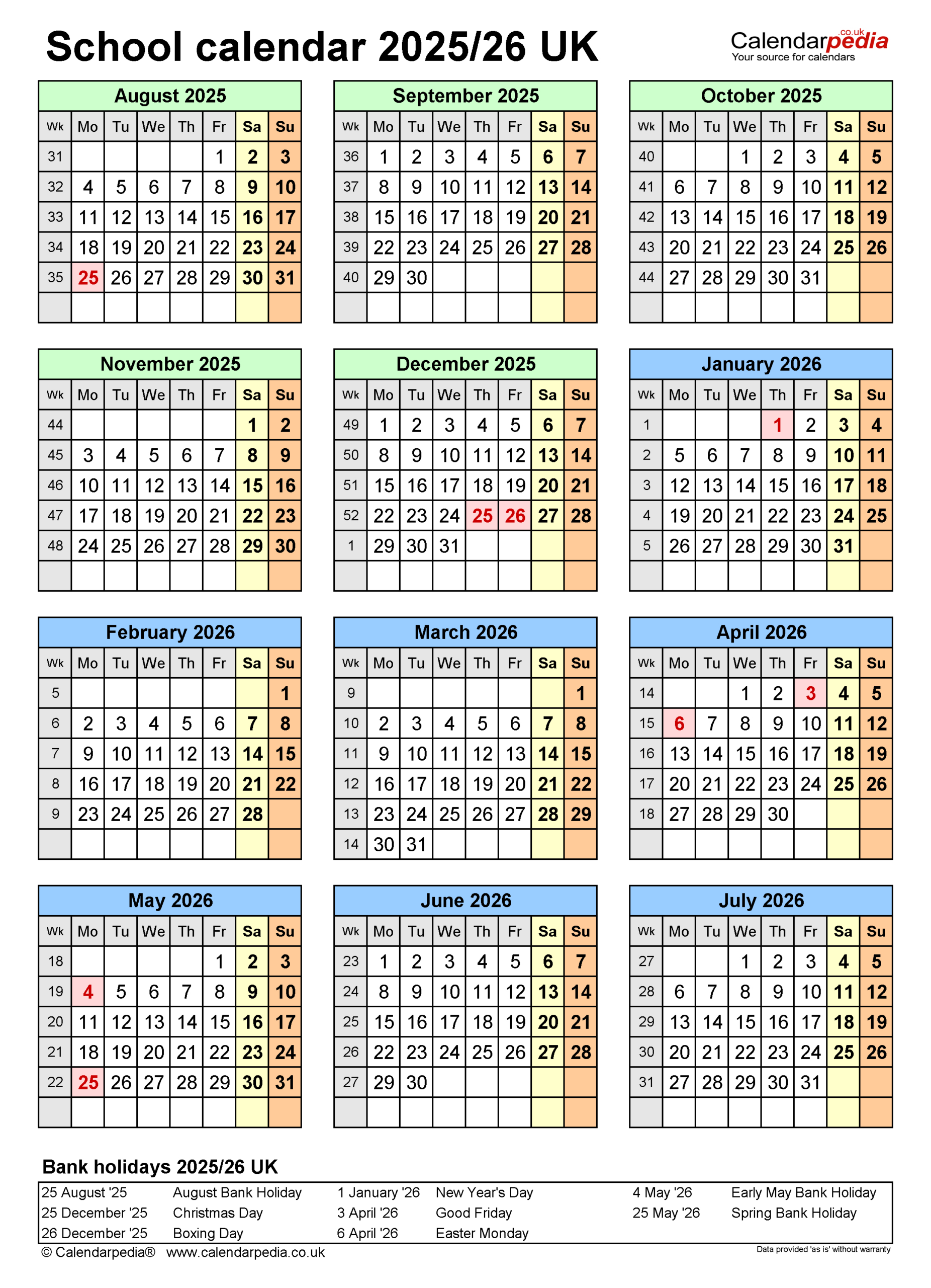 School Calendars 2025/26 Uk - Free Printable Pdf Templates regarding Printable Calendar 2025 With School Holidays