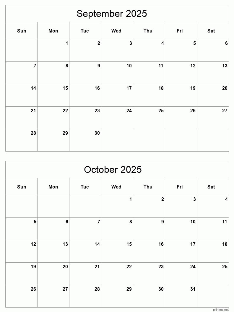 September To October 2025 Printable Calendar | Two Months Per Page within Printable Calendar 2025 Two Months Per Page