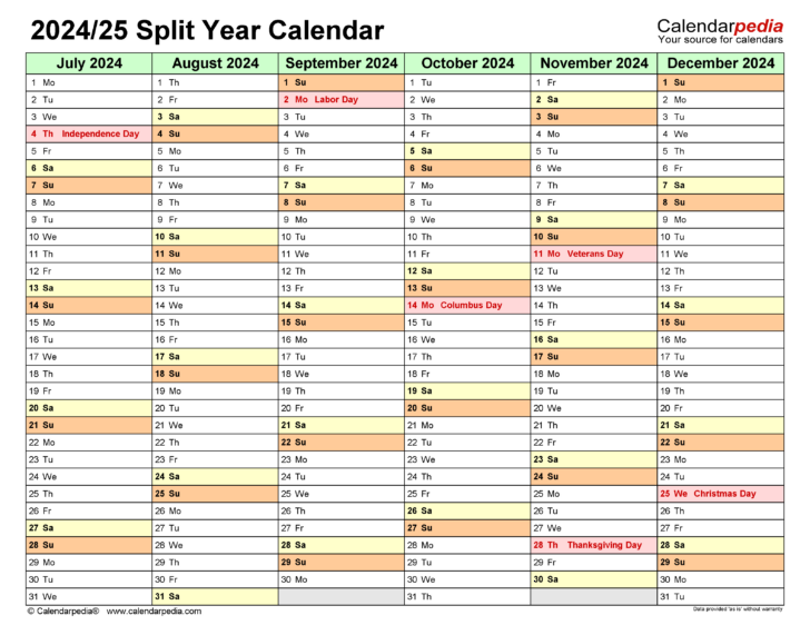 August 2024 to July 2025 Calendar Printable