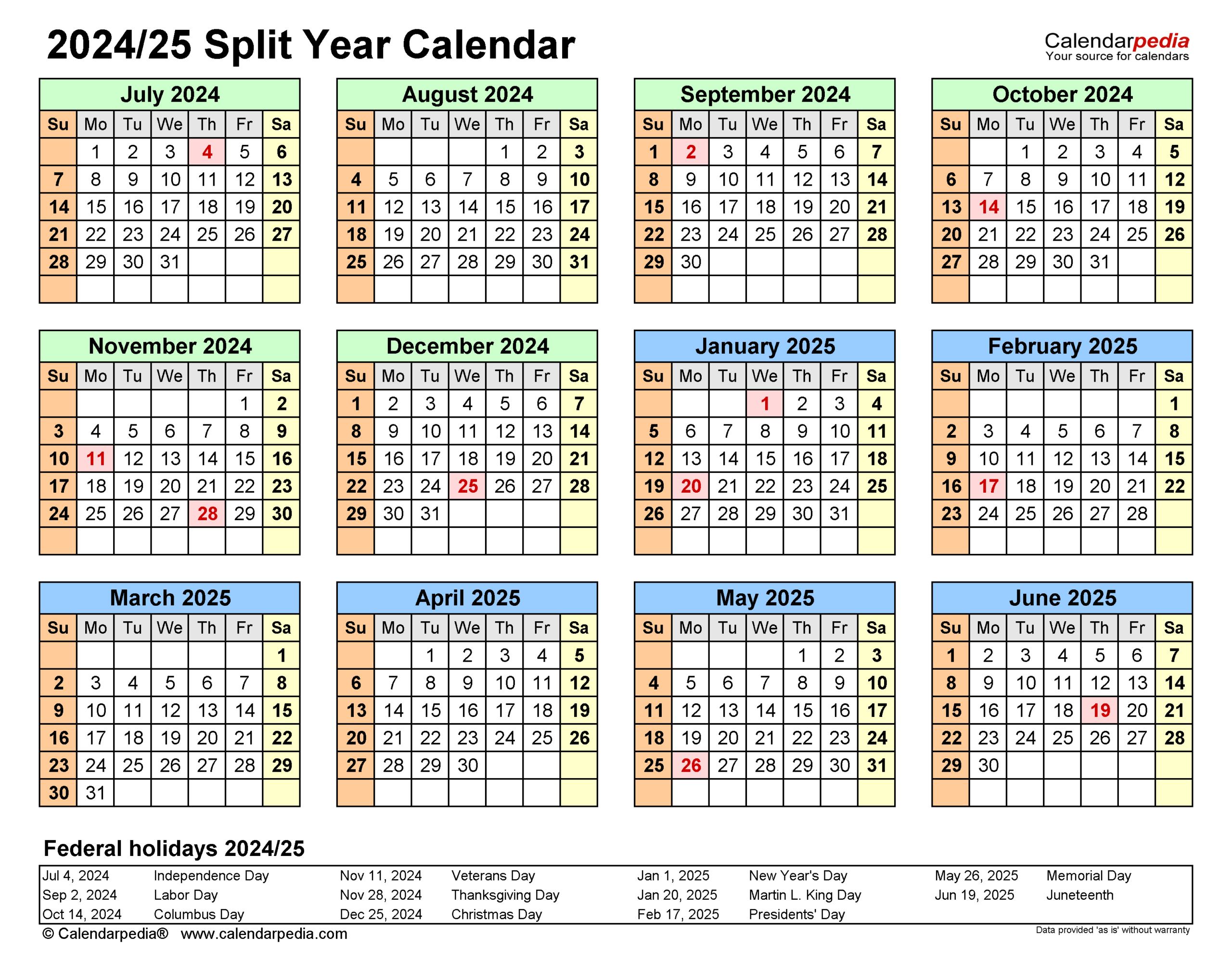 Split Year Calendars 2024/2025 (July To June) - Pdf Templates throughout Printable Calendar August 2024 To July 2025