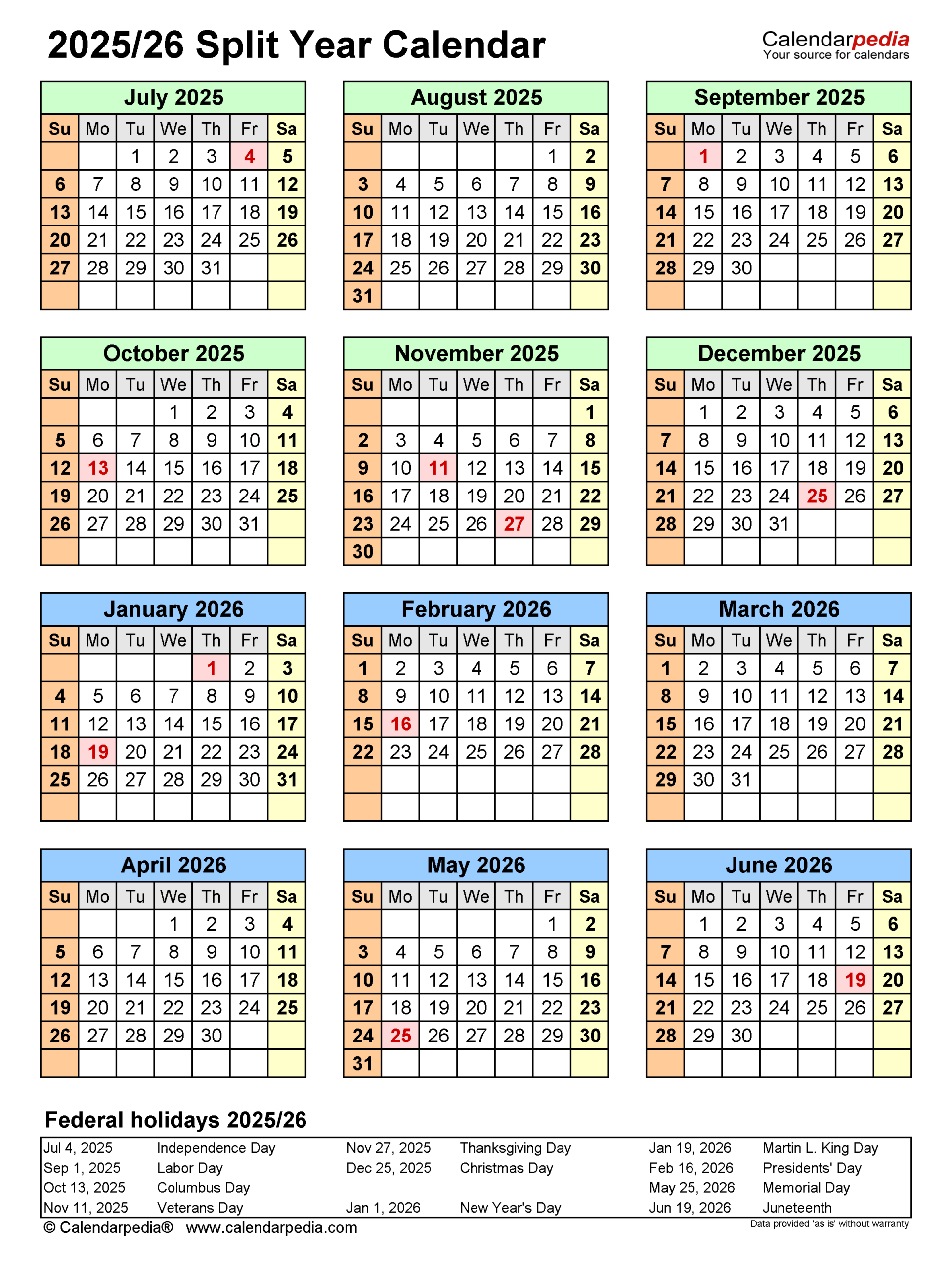 Split Year Calendars 2025/2026 (July To June) - Pdf Templates for July 2025 - June 2026 Printable Calendar