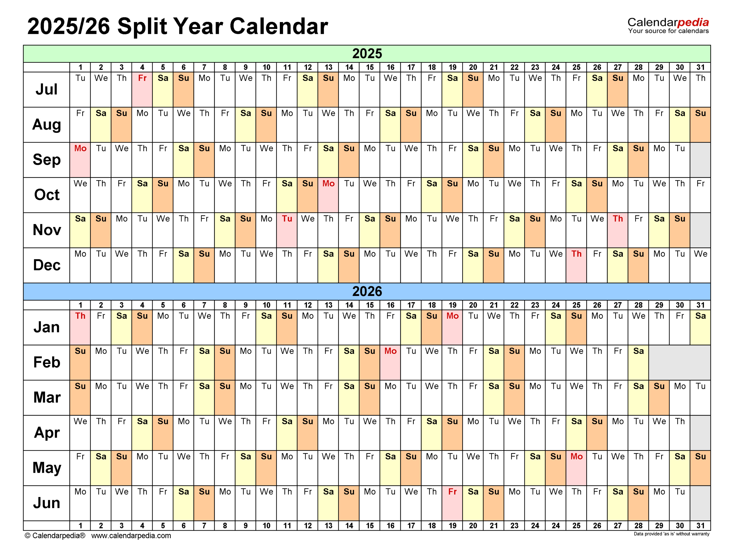 Split Year Calendars 2025/2026 (July To June) - Pdf Templates in July 2025 - June 2026 Printable Calendar
