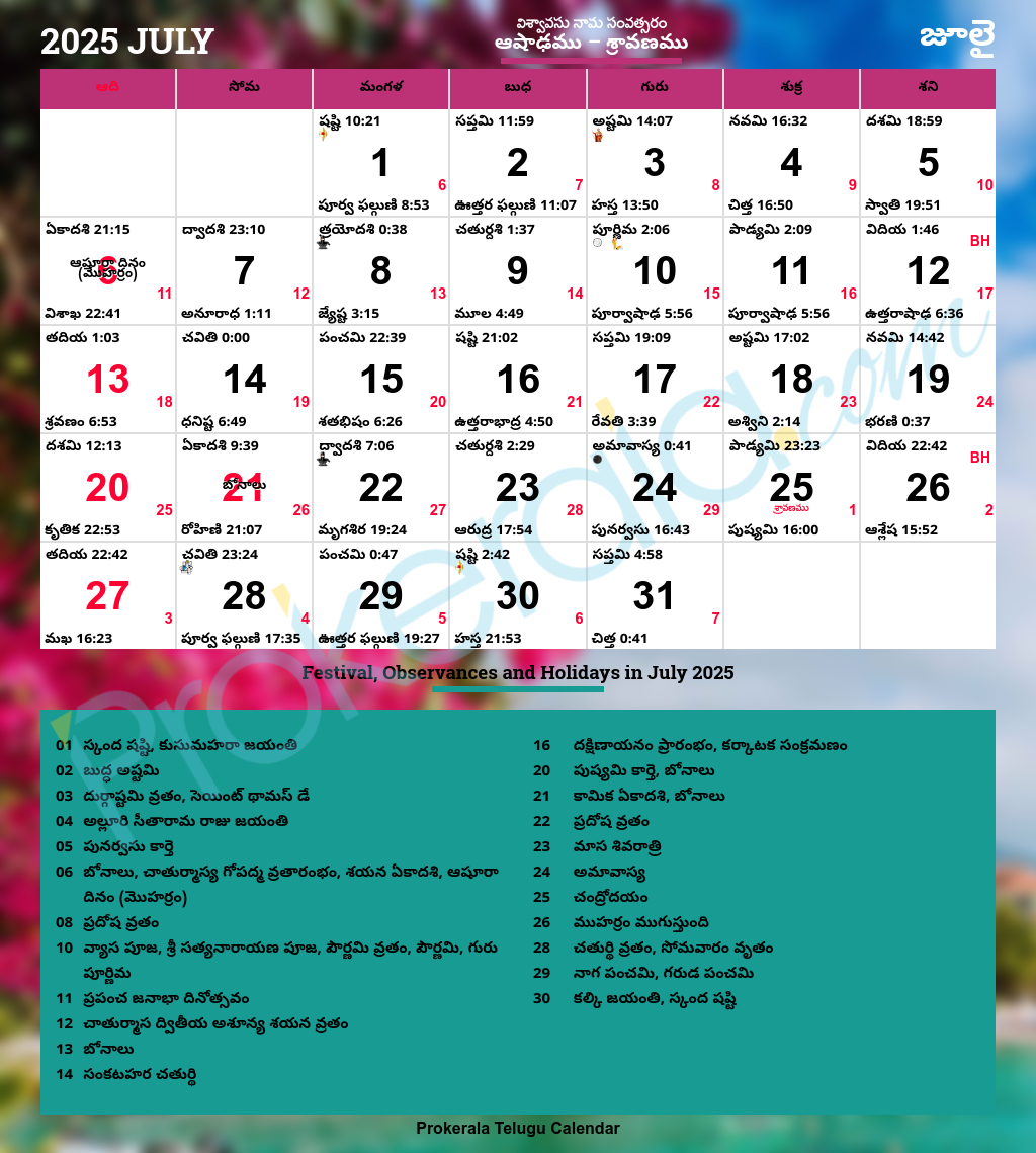 Telugu Calendar 2025, July with Telugu Calendar 2025 July