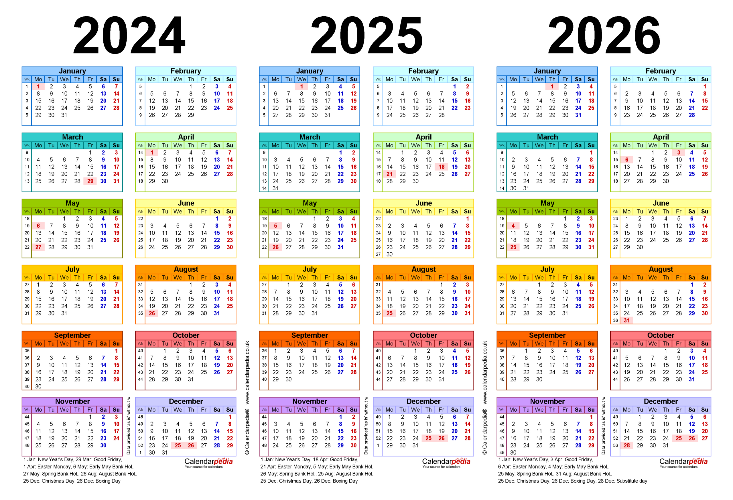 Three Year Calendars For 2024, 2025 And 2026 (Uk) For Excel with Calendar 2024 2025 2026 Free Printable