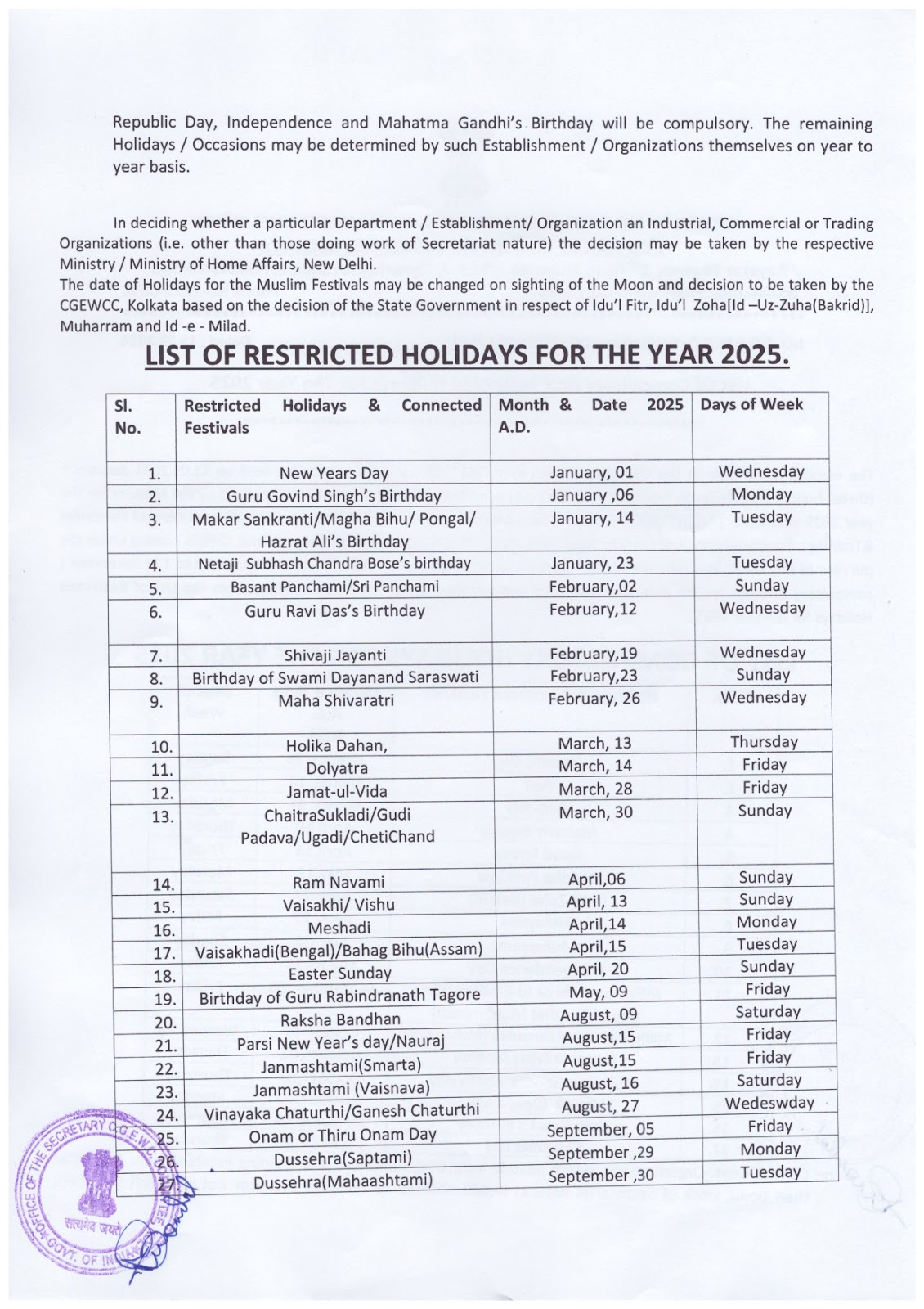 West Bengal Government Calendar 2025 in Printable Calendar 2025 With Holidays West Bengal