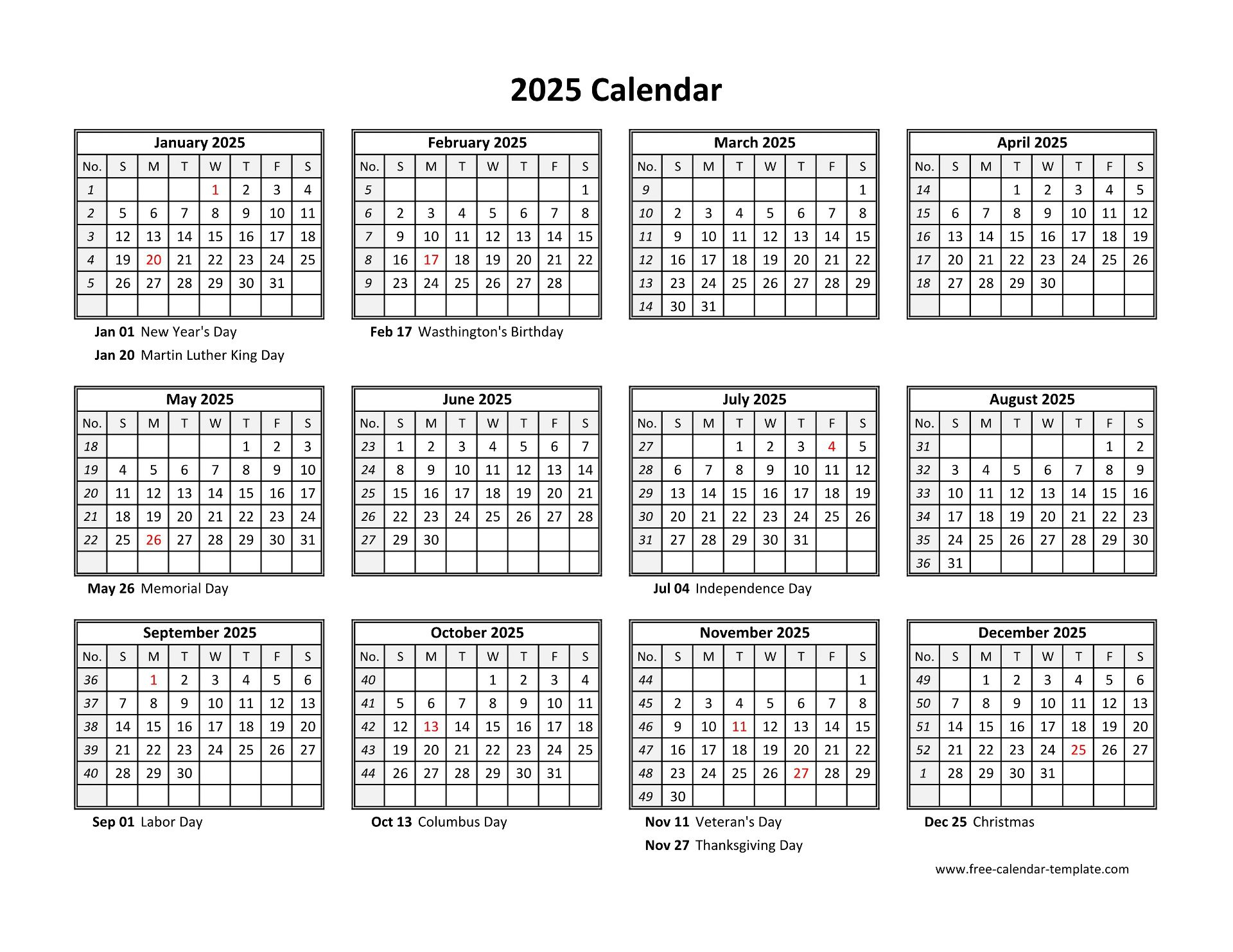 Yearly Calendar 2025 Printable With Federal Holidays | Free pertaining to Free Printable Calendar 2025 Yearly Word