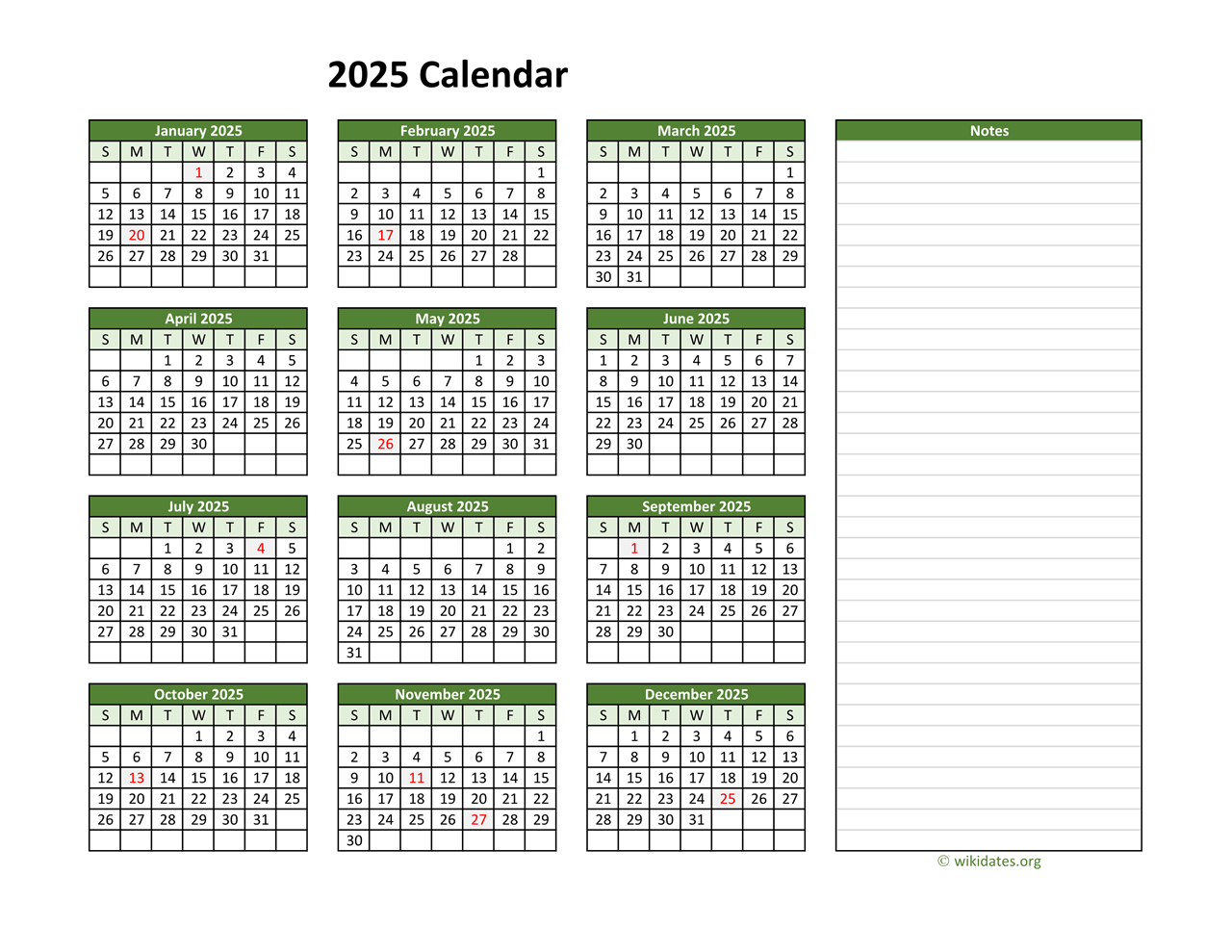 Yearly Printable 2025 Calendar With Notes | Wikidates in Printable Calendar 2025 Notes