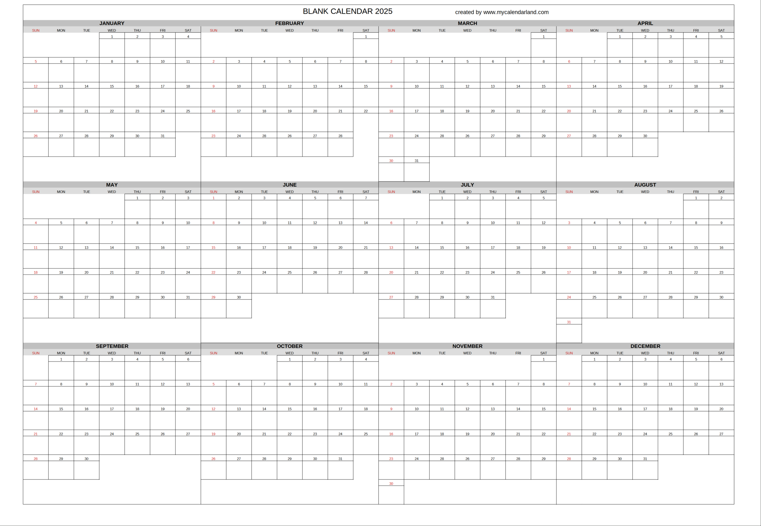 Yearly Printable Calendars For Free – My Calendar Land regarding Printable Calendar 2025 Large Boxes