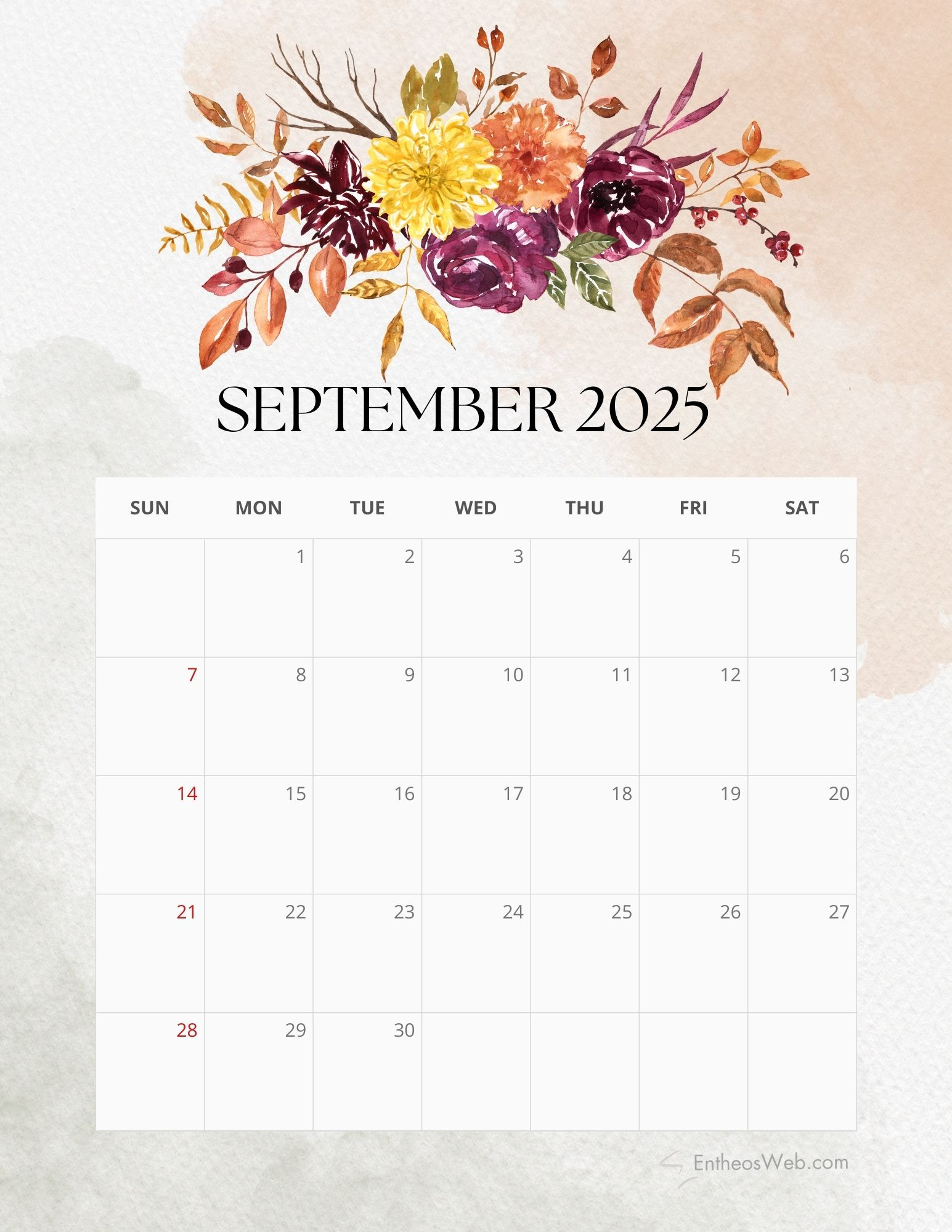 2025 Floral Monthly Calendar Free Pdf Printable | Entheosweb with September 2025 Calendar Flowers