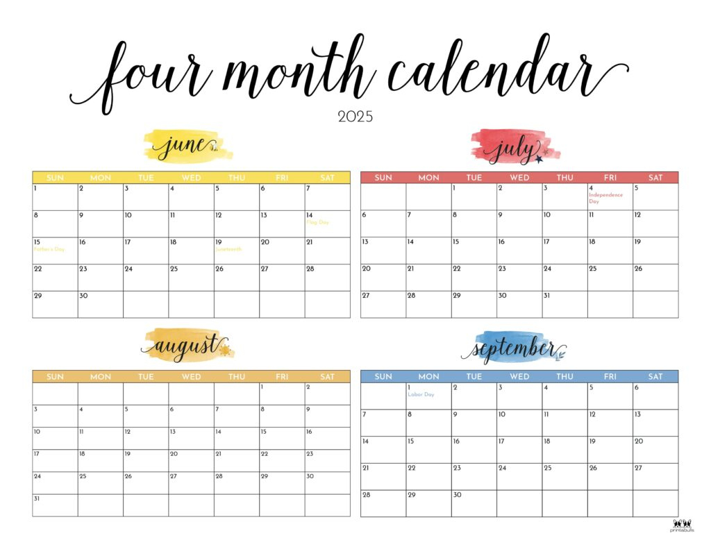 2025 Four Month Calendars - 31 Free Printables | Printabulls inside 4 Month Calendar June Through September 2025