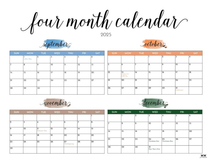 4 Month Calendar September to December 2025