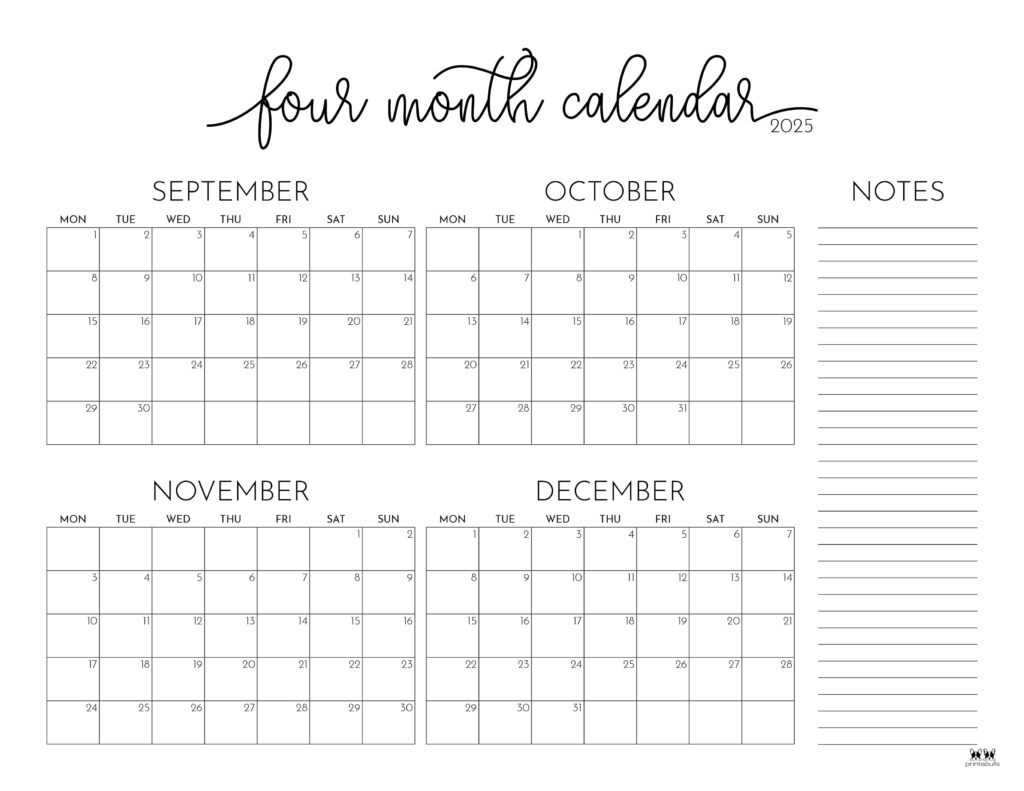2025 Four Month Calendars - 31 Free Printables | Printabulls inside Printable Calendar September October November 2025