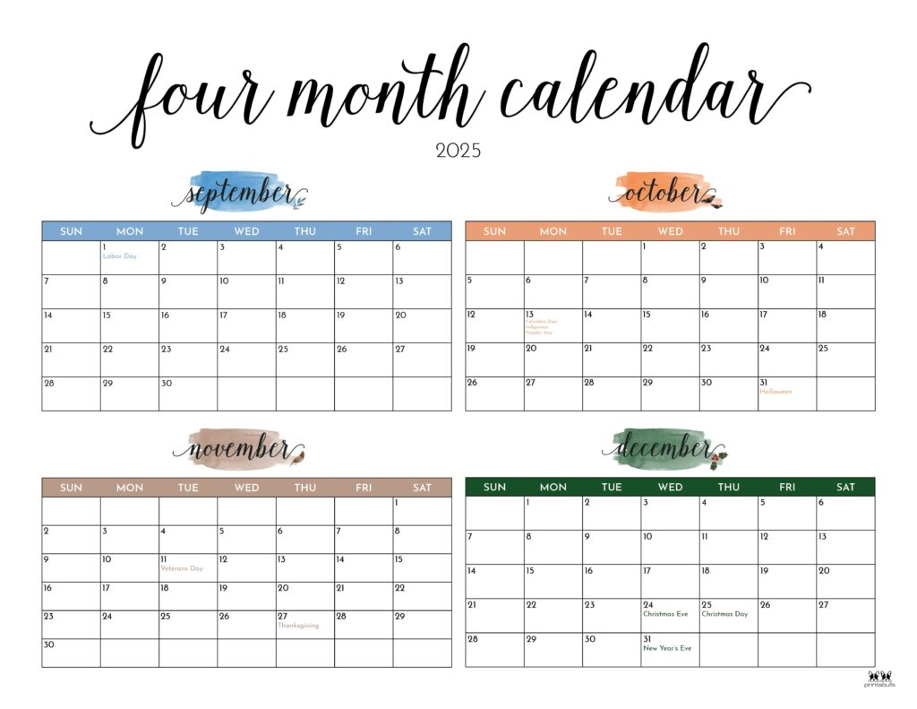 2025 Four Month Calendars - 31 Free Printables | Printabulls with regard to Printable Calendar September 2025 to December 2025