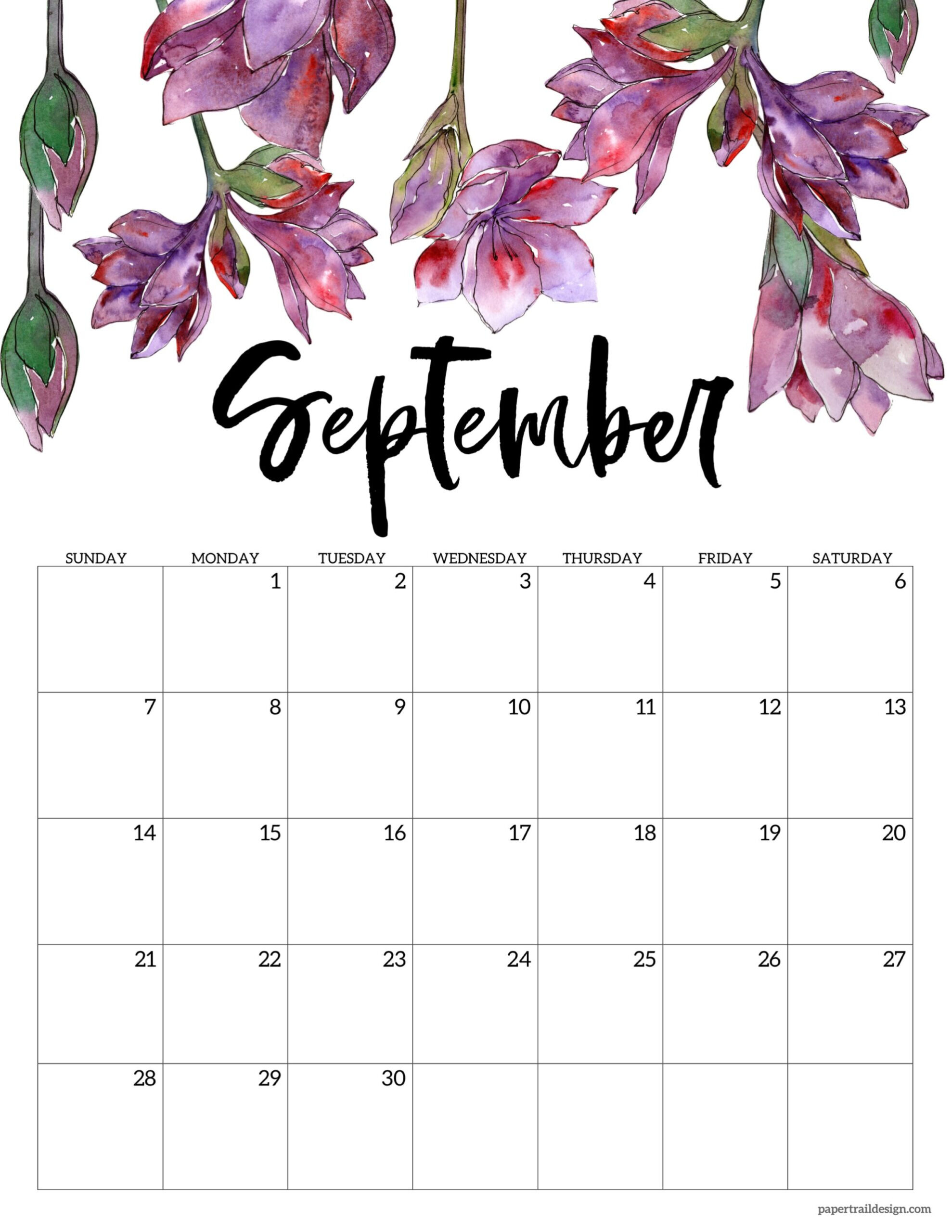 2025 Free Printable Calendar - Floral - Paper Trail Design with regard to September 2025 Calendar Flowers