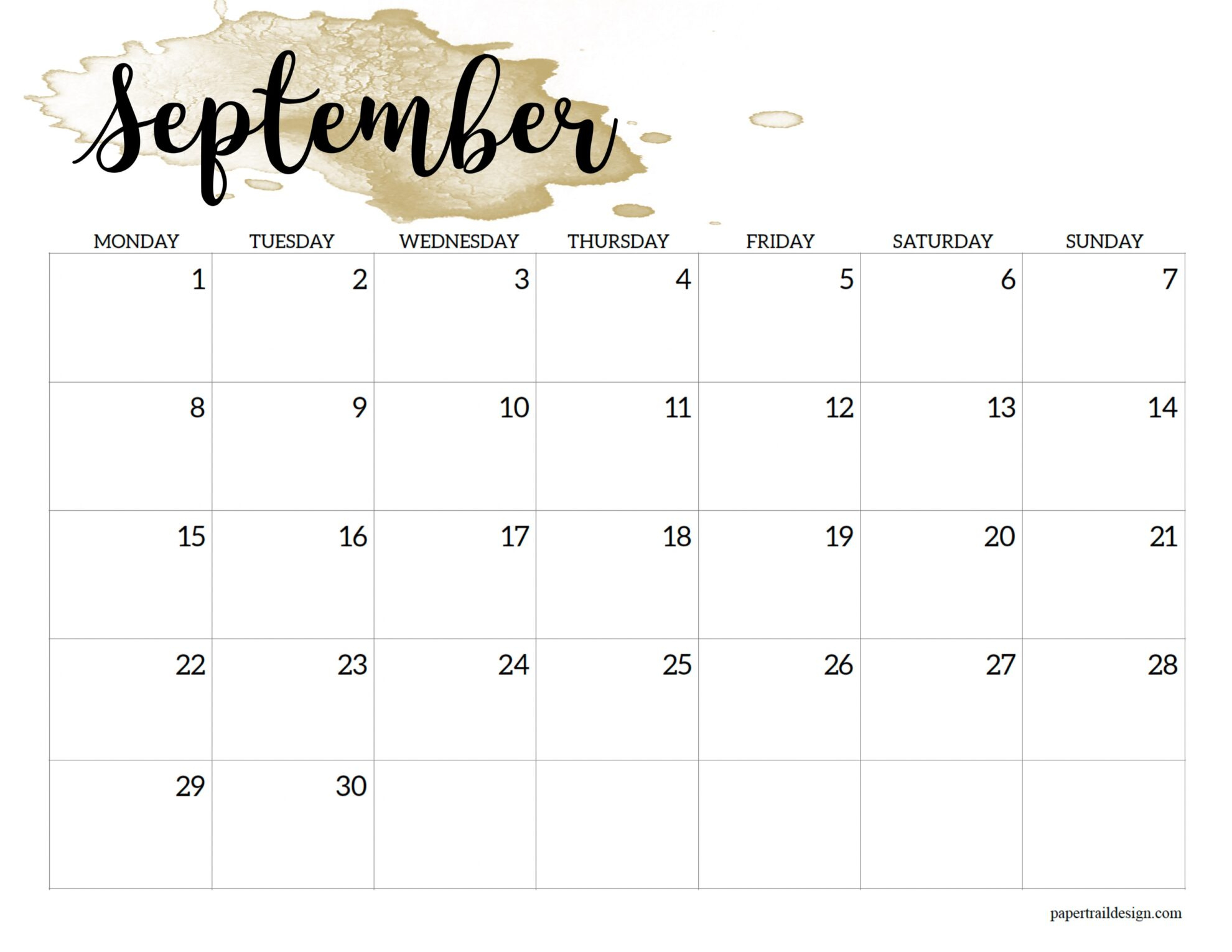 2025 Monday Start Calendar Printable - Watercolor - Paper Trail Design for September 2025 Calendar Starting Monday