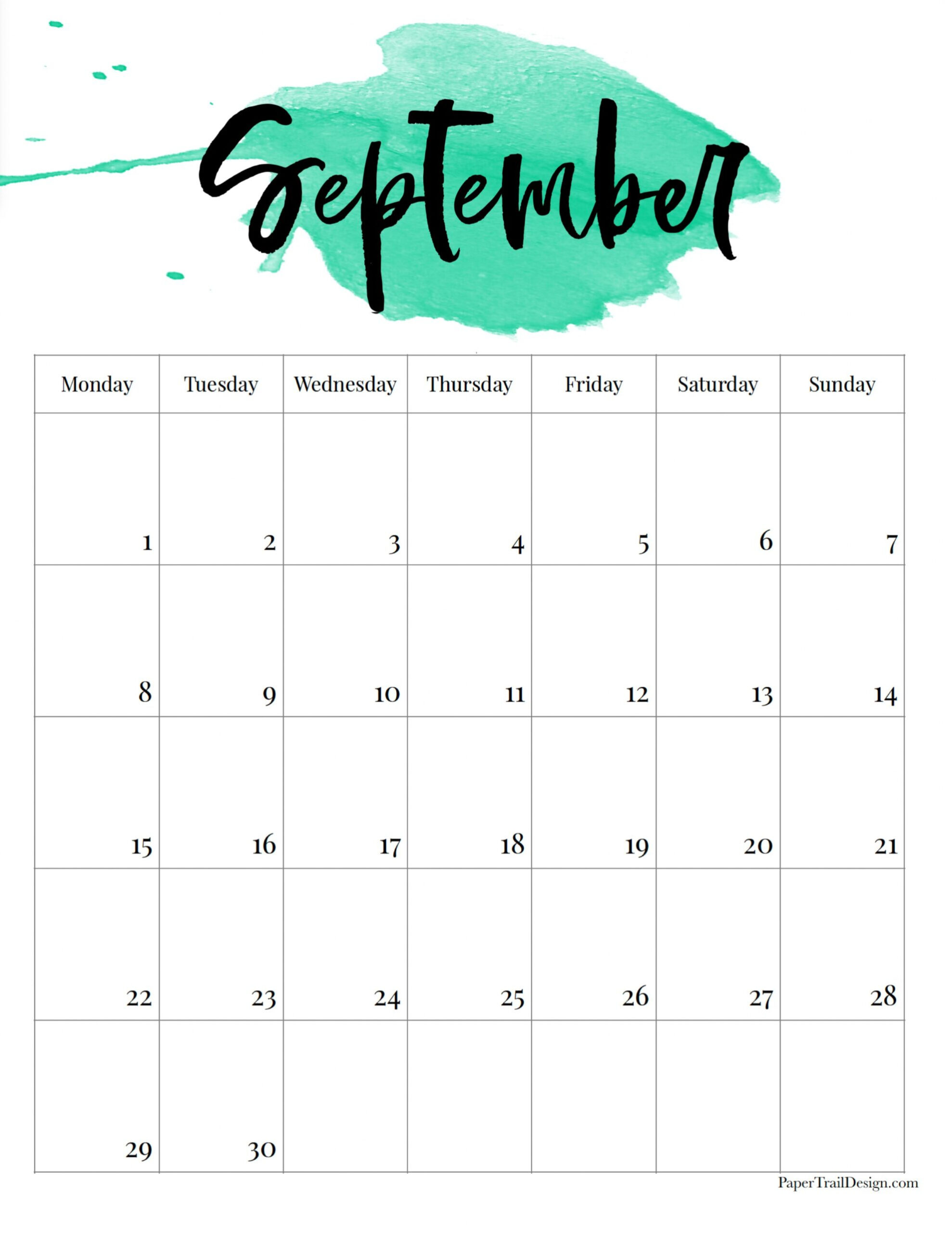 2025 Monday Start Watercolor Calendar - Paper Trail Design for September 2025 Calendar Starting Monday