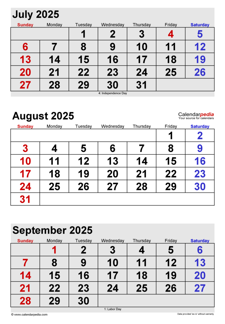 July August and September 2025 Calendar