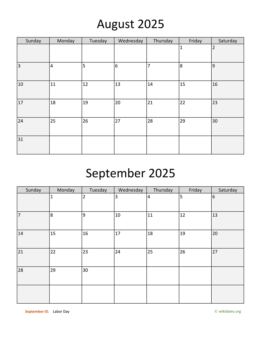August And September 2025 Calendar | Wikidates with Printable Calendar 2025 August and September