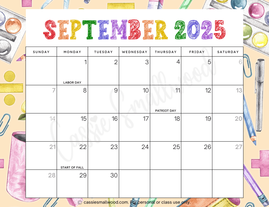 Cute 2025 Free Printable Monthly Calendars - Cassie Smallwood for Printable September 2025 Calendar with Holidays