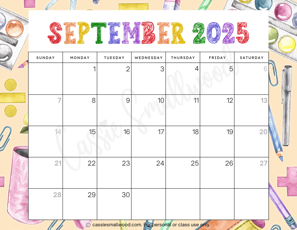Cute 2025 Free Printable Monthly Calendars - Cassie Smallwood intended for September 2025 Calendar Kids