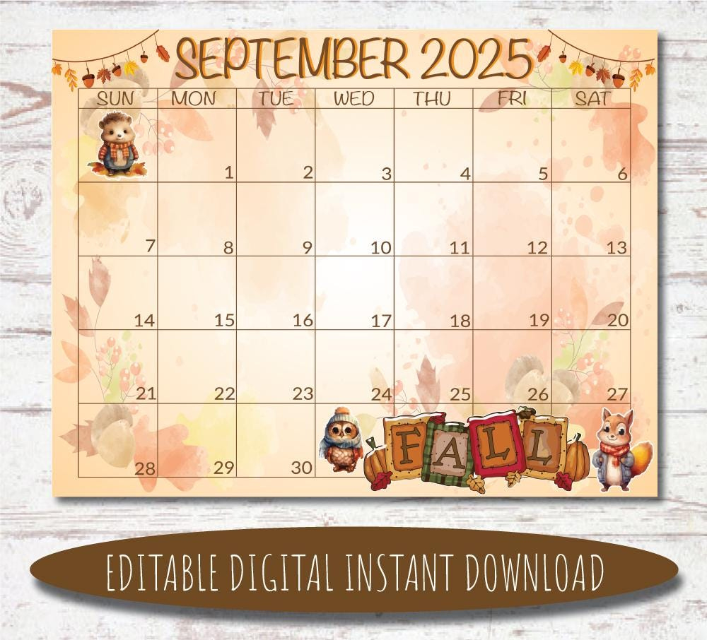 Editable September 2025 Calendar | Digital Calendar | Printable throughout September 2025 Calendar Etsy