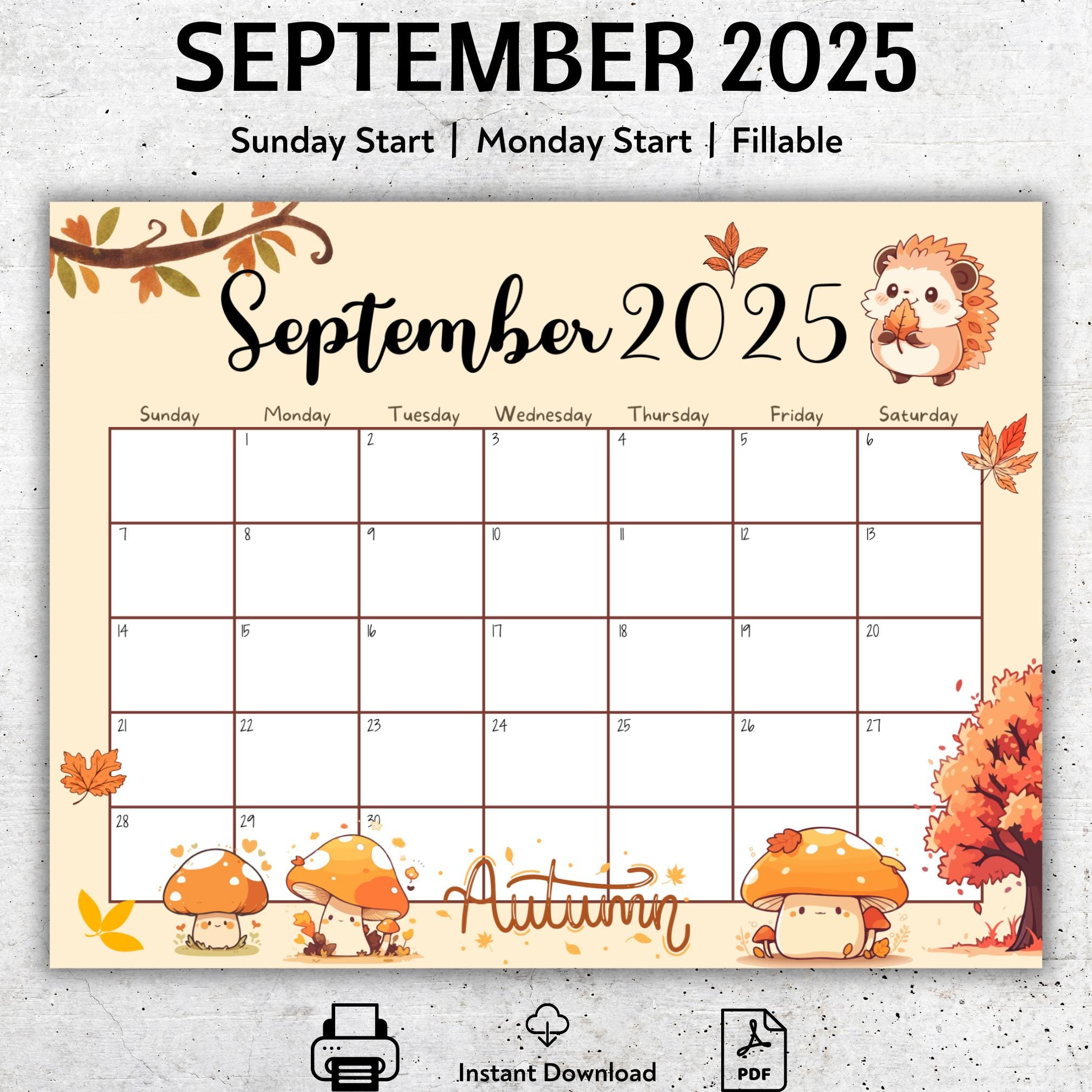 Editierbarer Kalender September 2025, Herbstfarben, Druckbarer inside September 2025 Calendar Fall