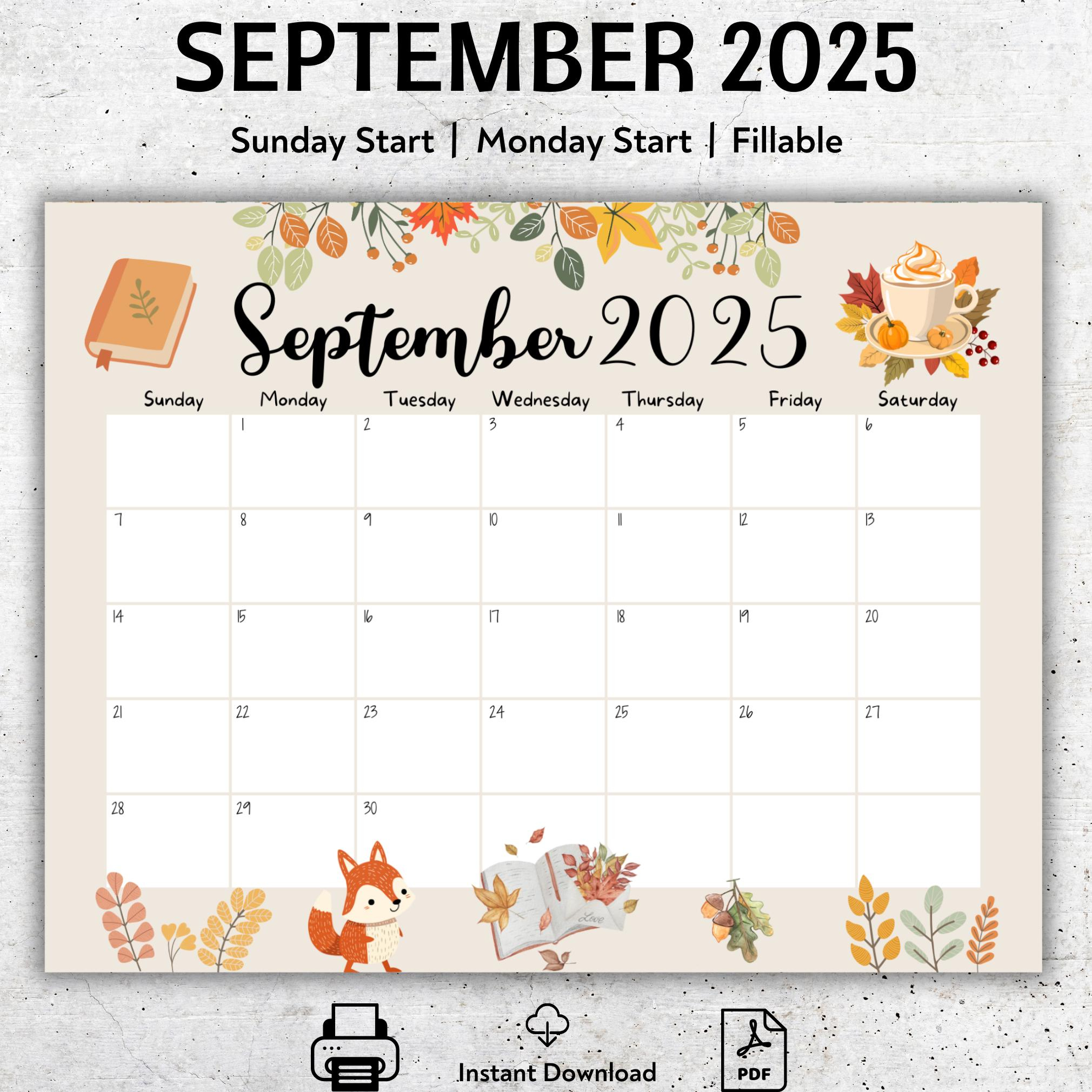 Editierbarer September 2025 Kalender, Druckbarer September Planer in September 2025 Calendar Etsy