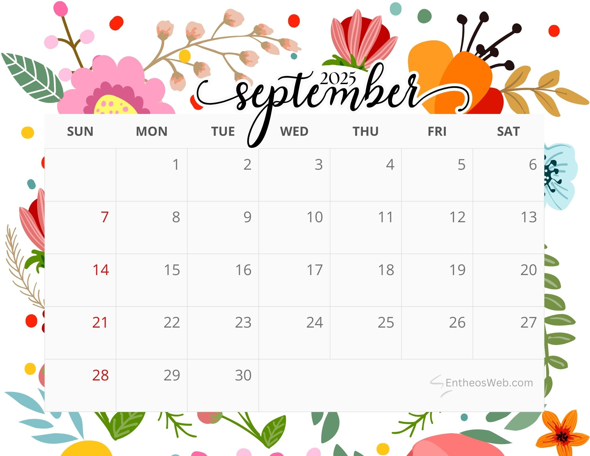 Floral Calendar Printables | Entheosweb inside September 2025 Calendar Flowers