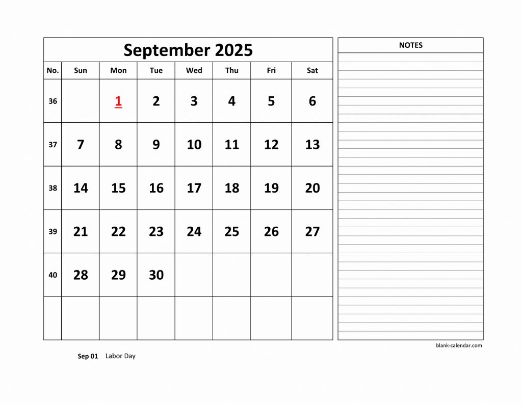 Free Download Printable September 2025 Calendar, Large Space For inside September 2025 Calendar With Notes