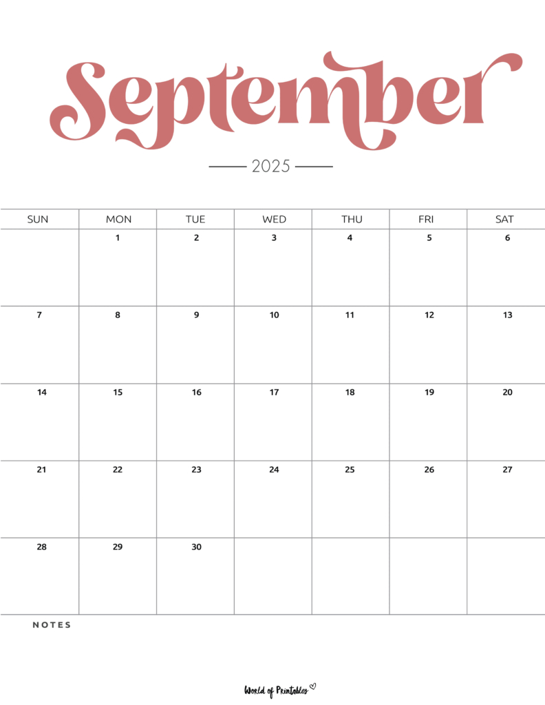 Free Printable September 2025 Calendars - World Of Printables pertaining to September 2025 Calendar Printable with Notes