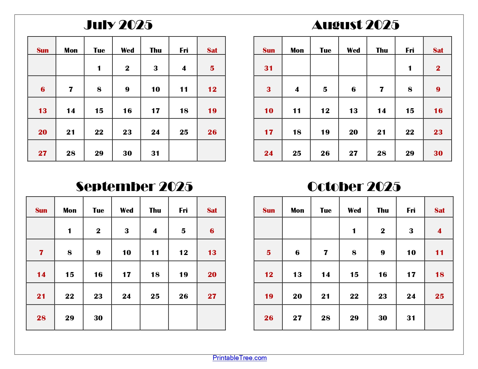 July To October 2025 Calendar Printable Pdf | Four Months Calendar for Printable August September October 2025 Calendar