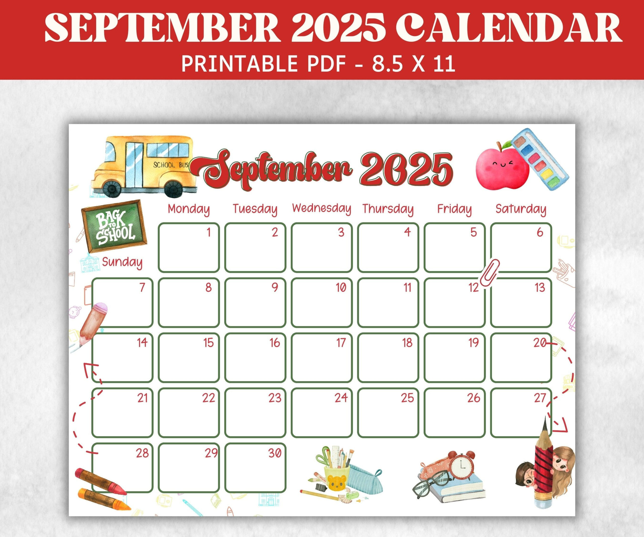 Kid September 2025 Calendar, Printable 2025 Calendar, Homeschool in September 2025 Calendar School