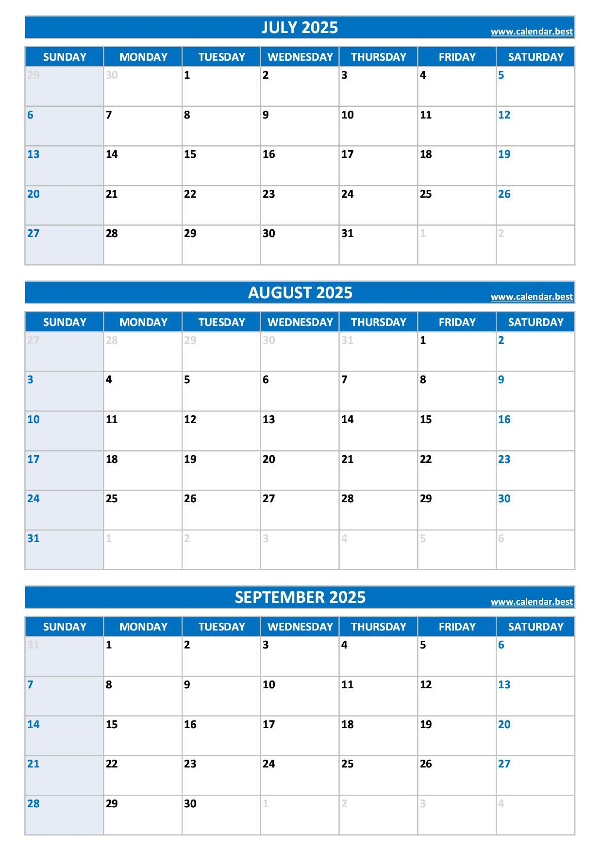 Printable 3Rd Quarter 2025 Calendar for July To September 2025 Calendar