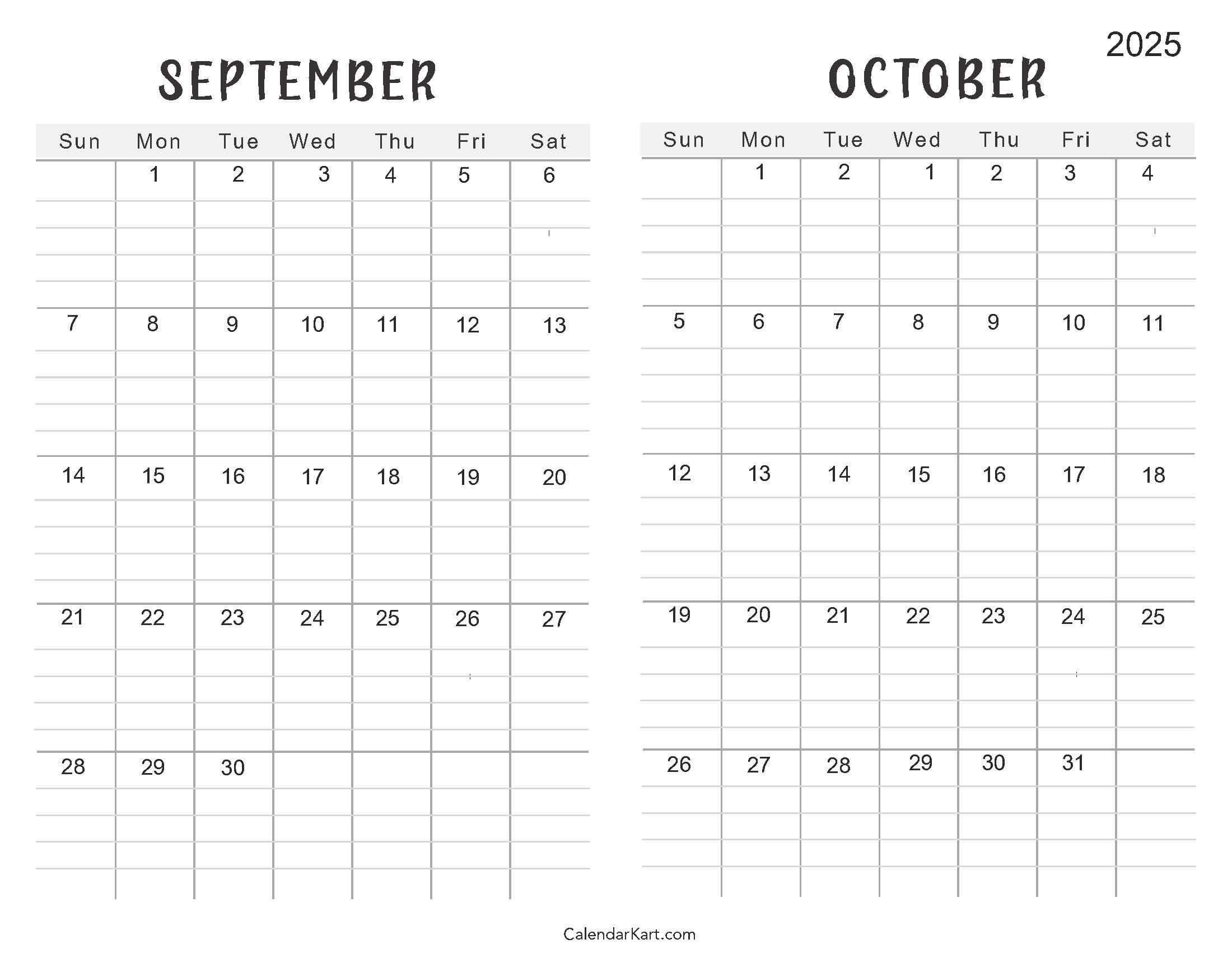 Printable September October 2025 Calendar | Calendarkart for September and October 2025 Calendar Printable