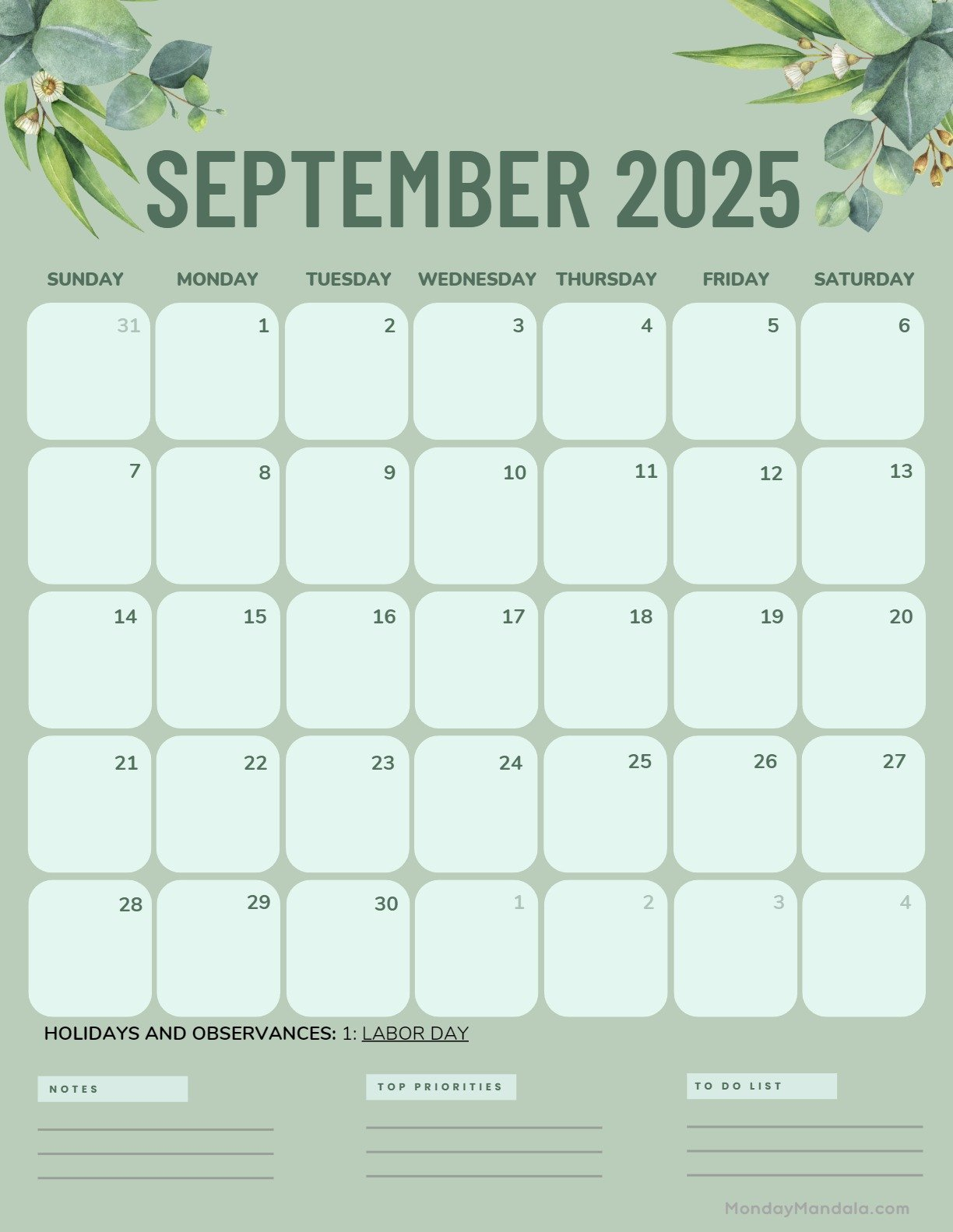 September 2025 Calendar (52 Free Pdf Printables) throughout September 2025 Calendar Green
