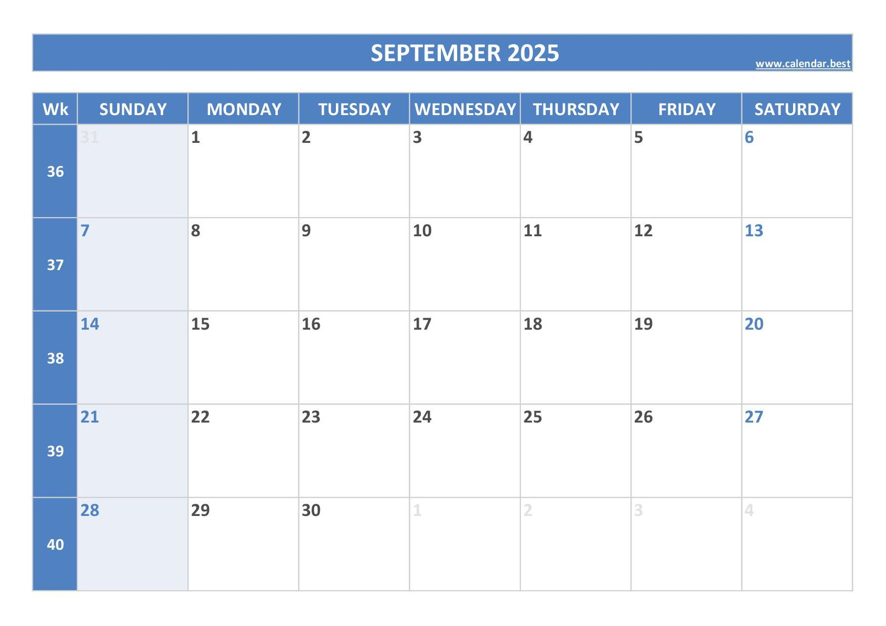 September 2025 Calendar -Calendar.best for September Weekly Calendar 2025