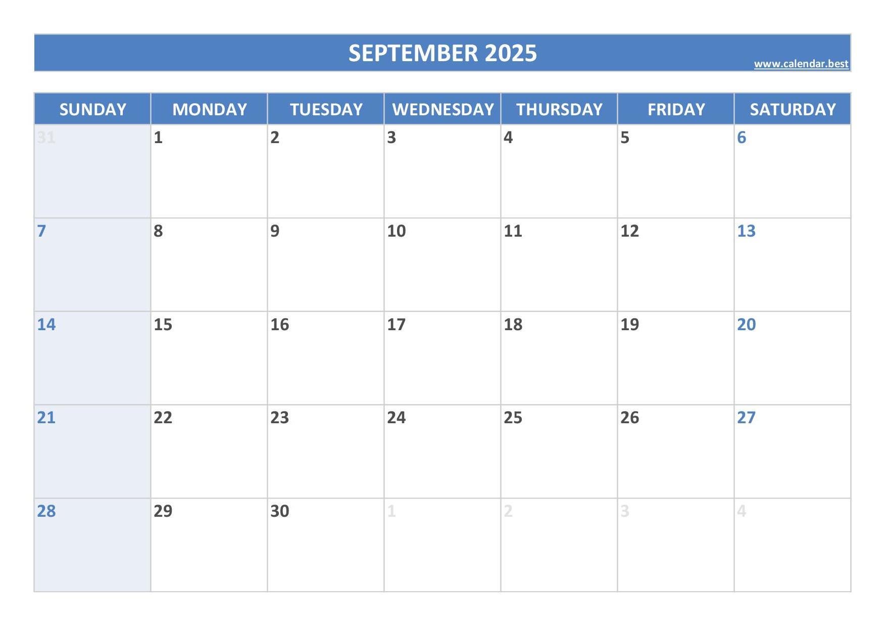 September 2025 Calendar -Calendar.best with September 2025 Calendar Blue