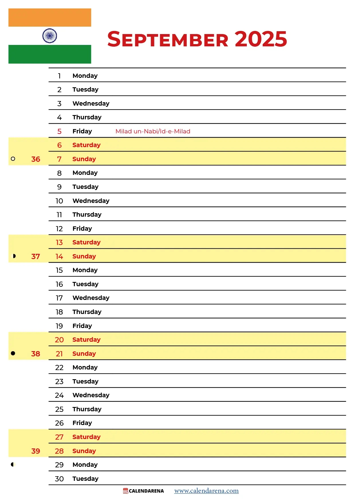 September 2025 Calendar India with September 2025 Calendar with Holidays and Festivals