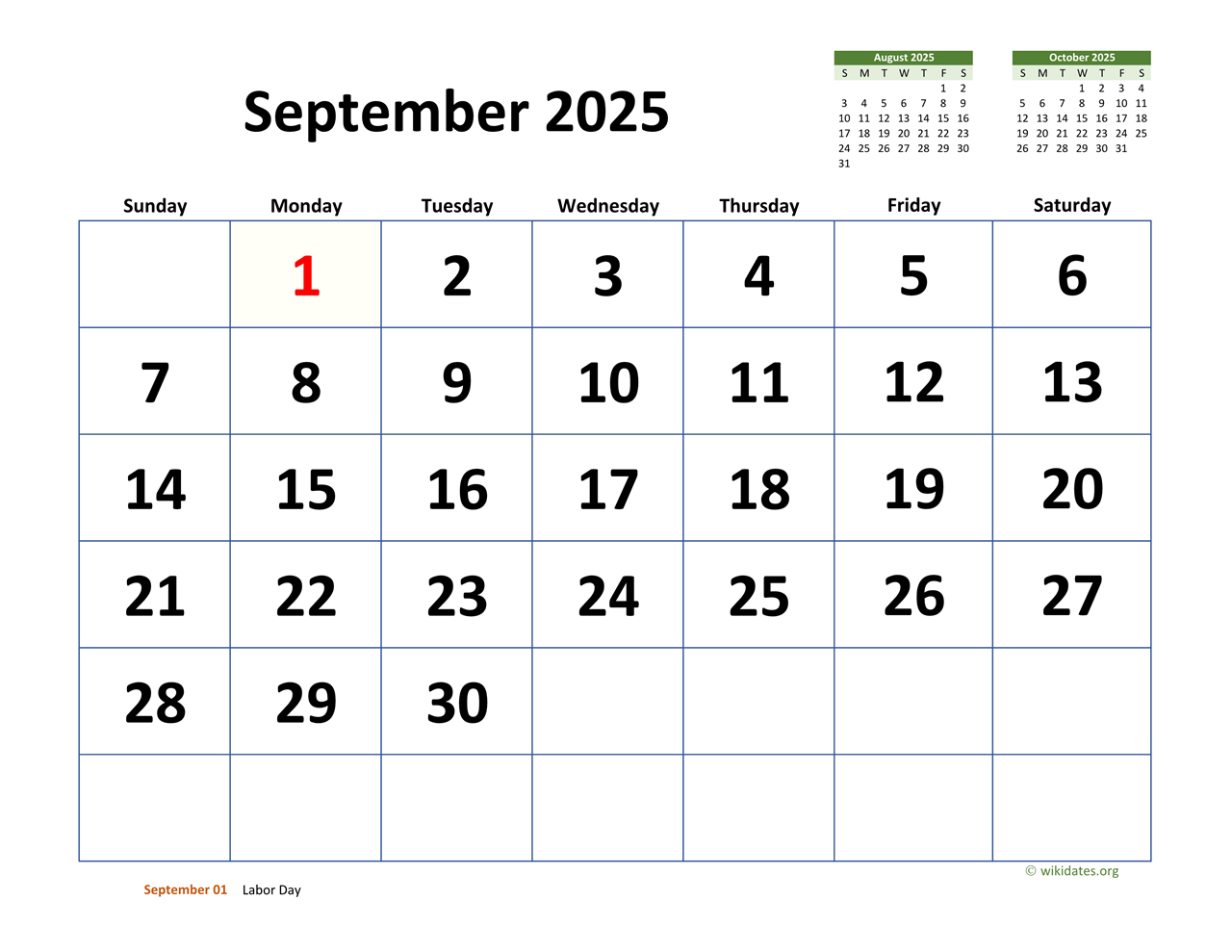 September 2025 Calendar With Extra-Large Dates | Wikidates for September 2025 Calendar Labor Day