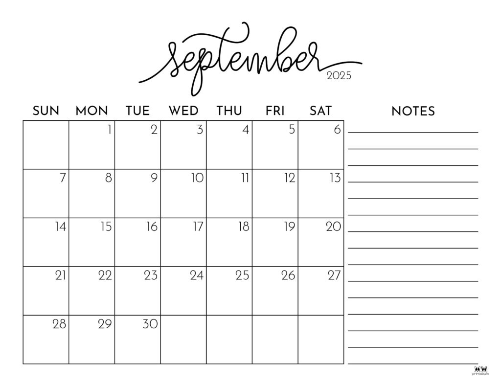 September 2025 Calendars - 107 Free Printables | Printabulls intended for September 2025 Calendar With Notes