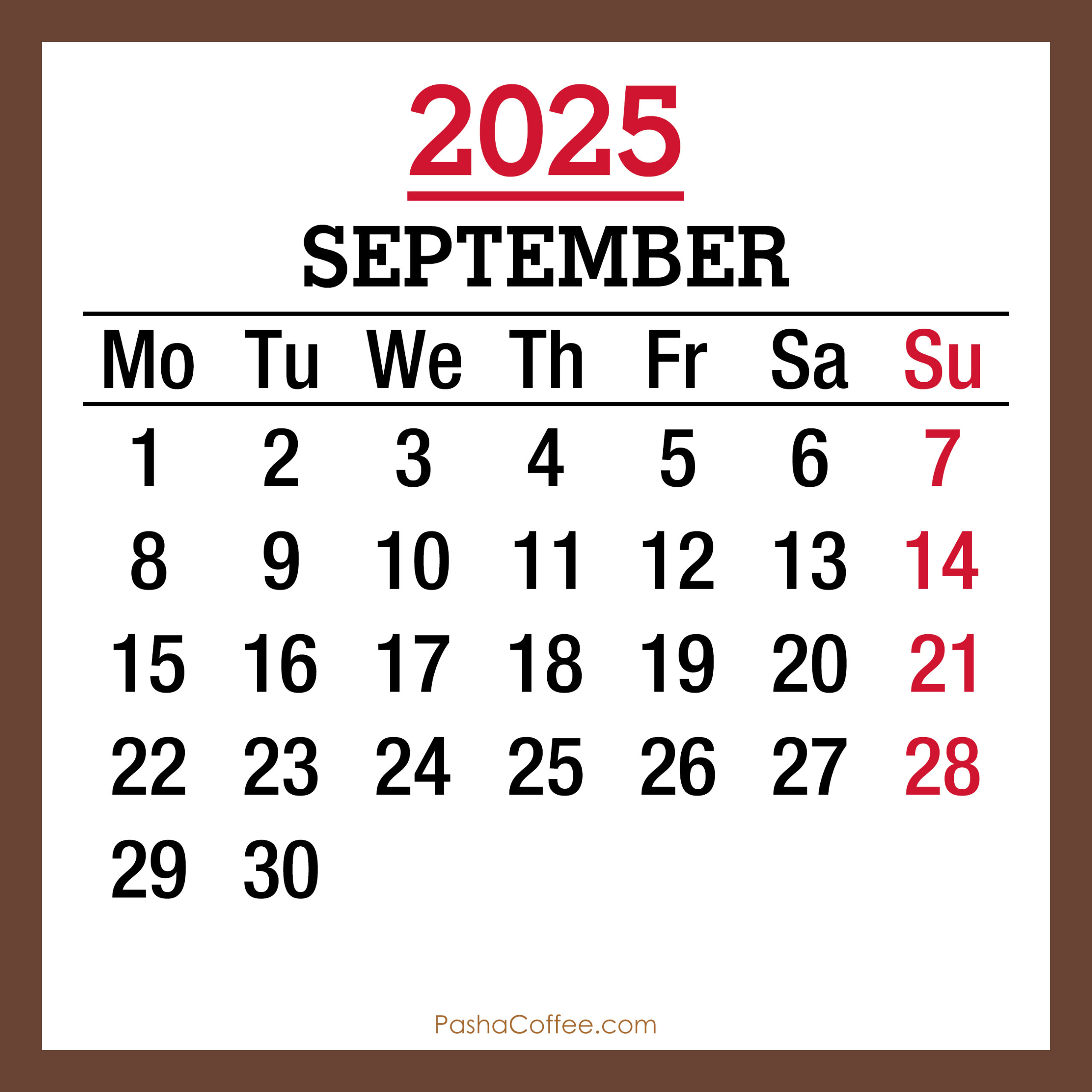 September 2025 Monthly Calendar, Printable Free, Brown, Monday in September 2025 Calendar Starting Monday