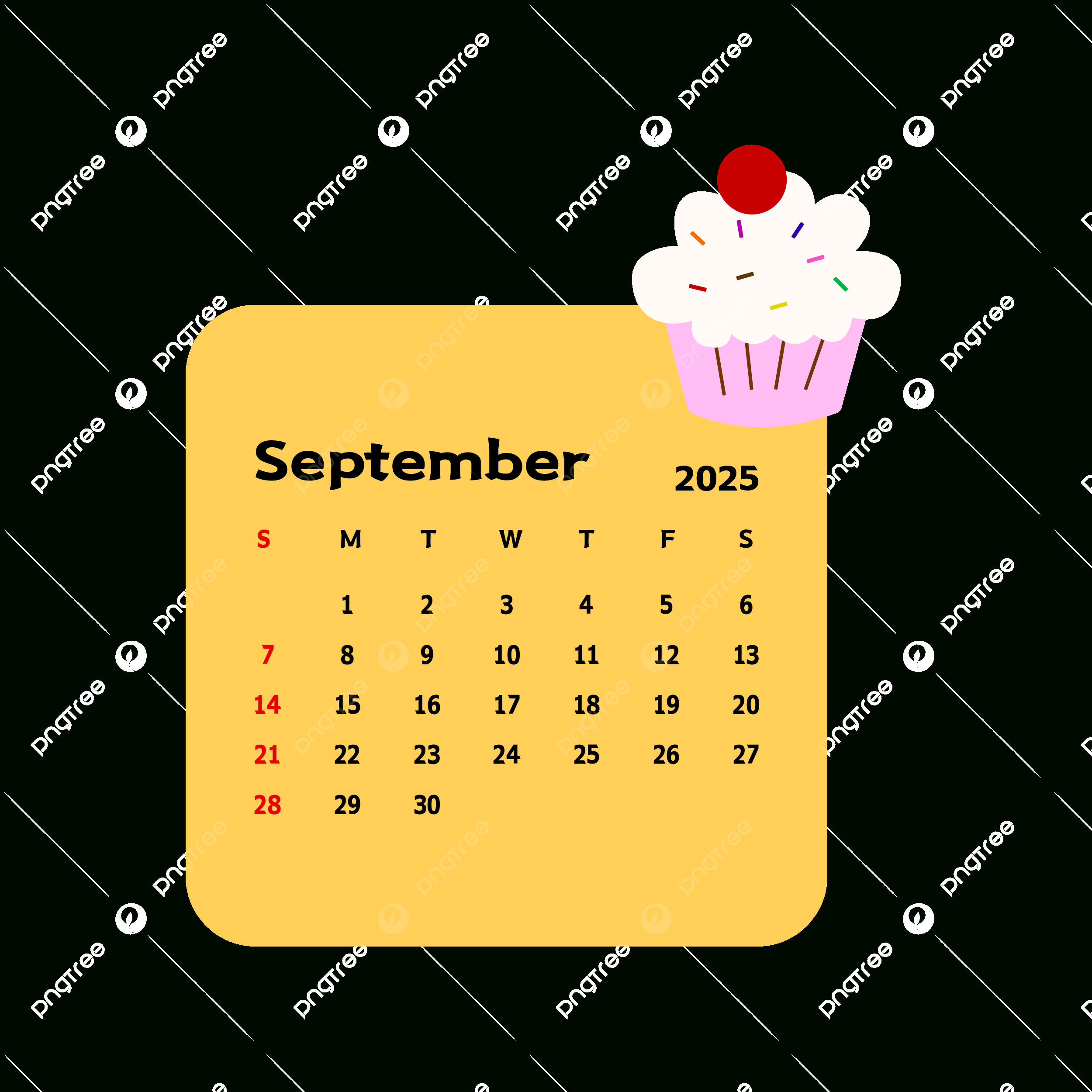 September 2025 Monthly Calendar With Cartoon Cake Vector, Cake in September 2025 Clipart